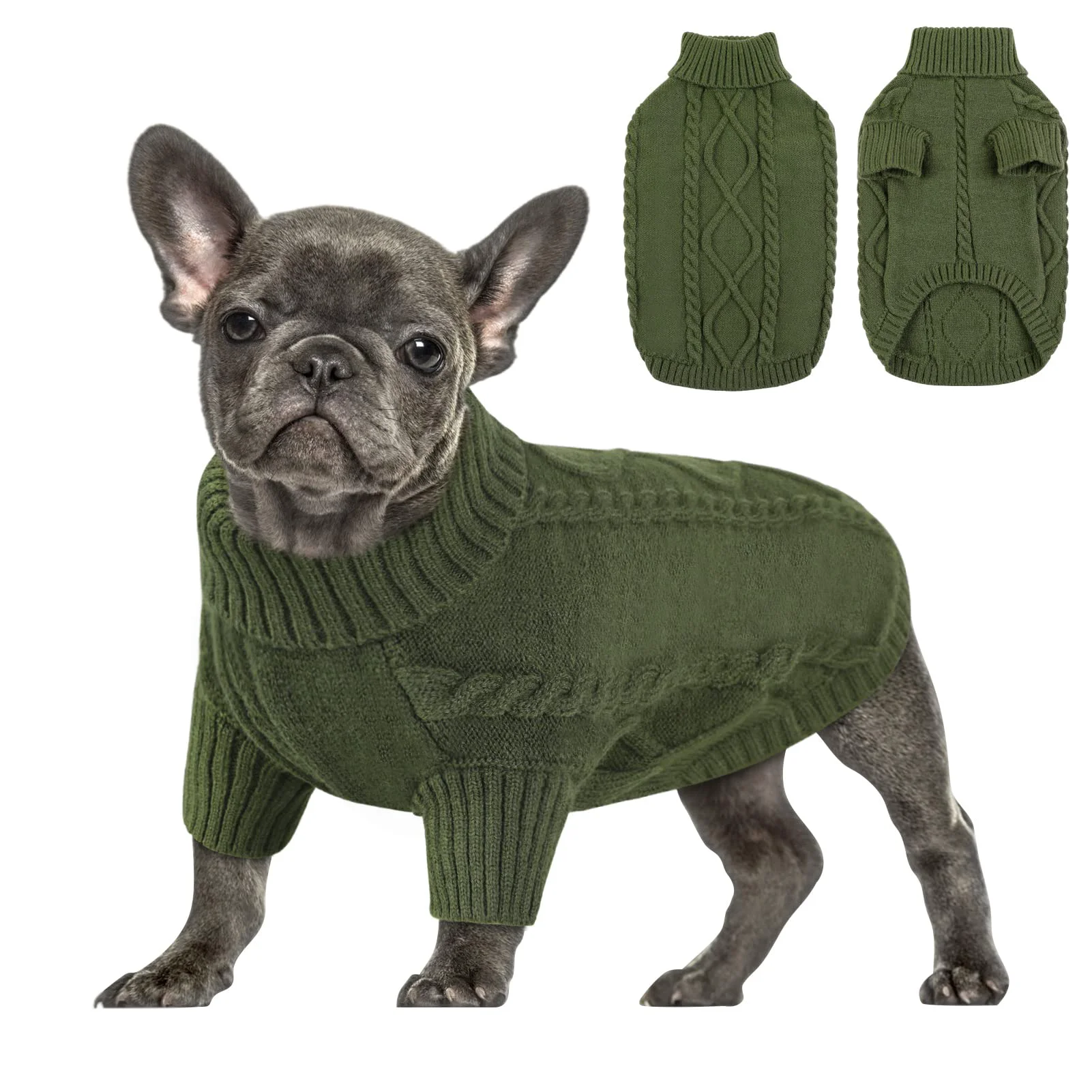 Luxury Queenmore Small Dog Pullover Sweater - Thick Cable Knit Turtleneck for Chihuahua Bulldog Dachshund Army Green Small Exceptional