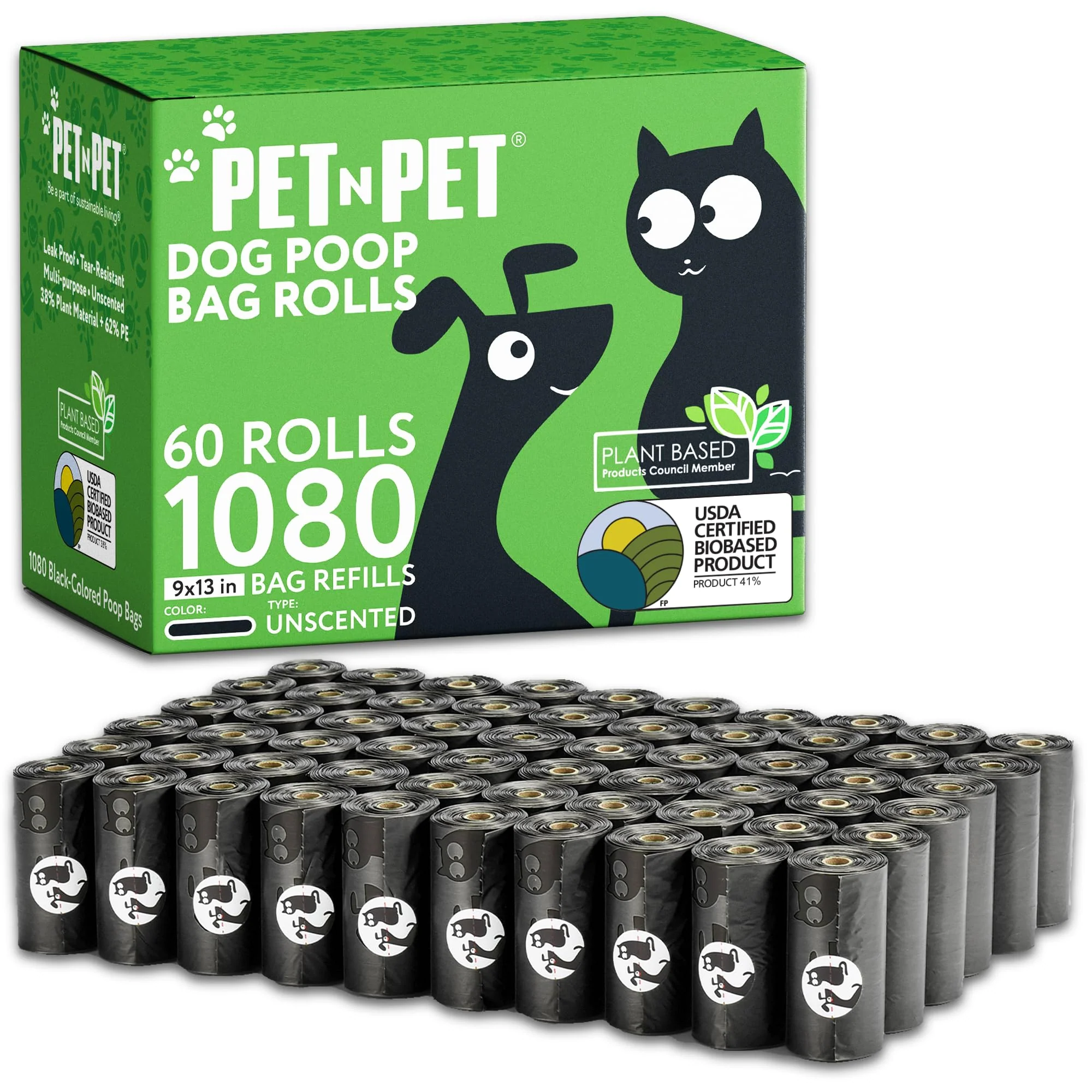Top-Quality PET N PET 1080 Counts Extra Thick Dog Poop Bags – 9x13 41 Plant Based 59 PE Unscented User-Friendly