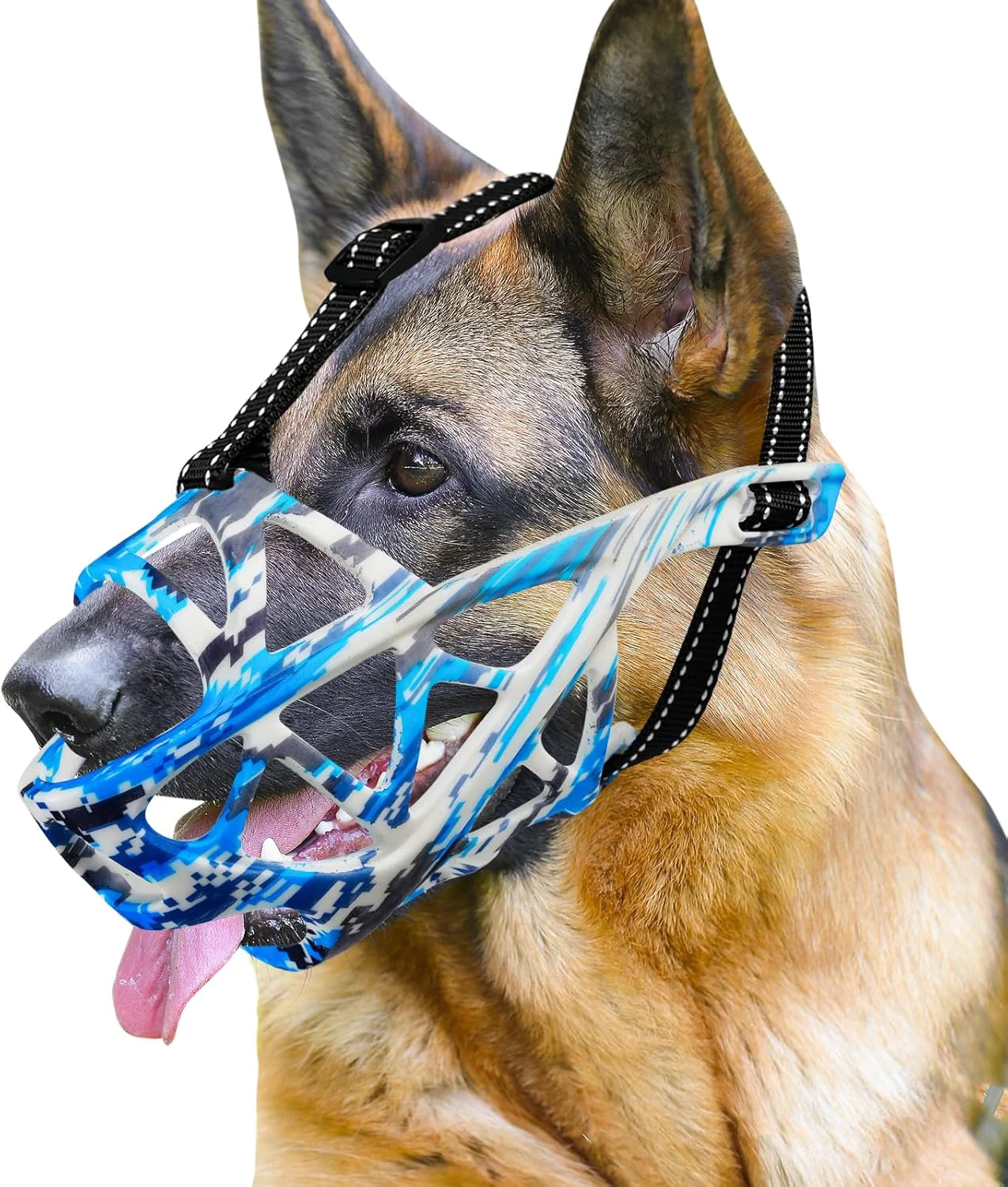 Professional Dog Muzzle for Large Dogs Medium and X-Large Aggressive Dog Breathable Basket Muzzles Suitable for Grooming Trimming Training Allows Panting Drinking Camouflage Blue S Relaxed