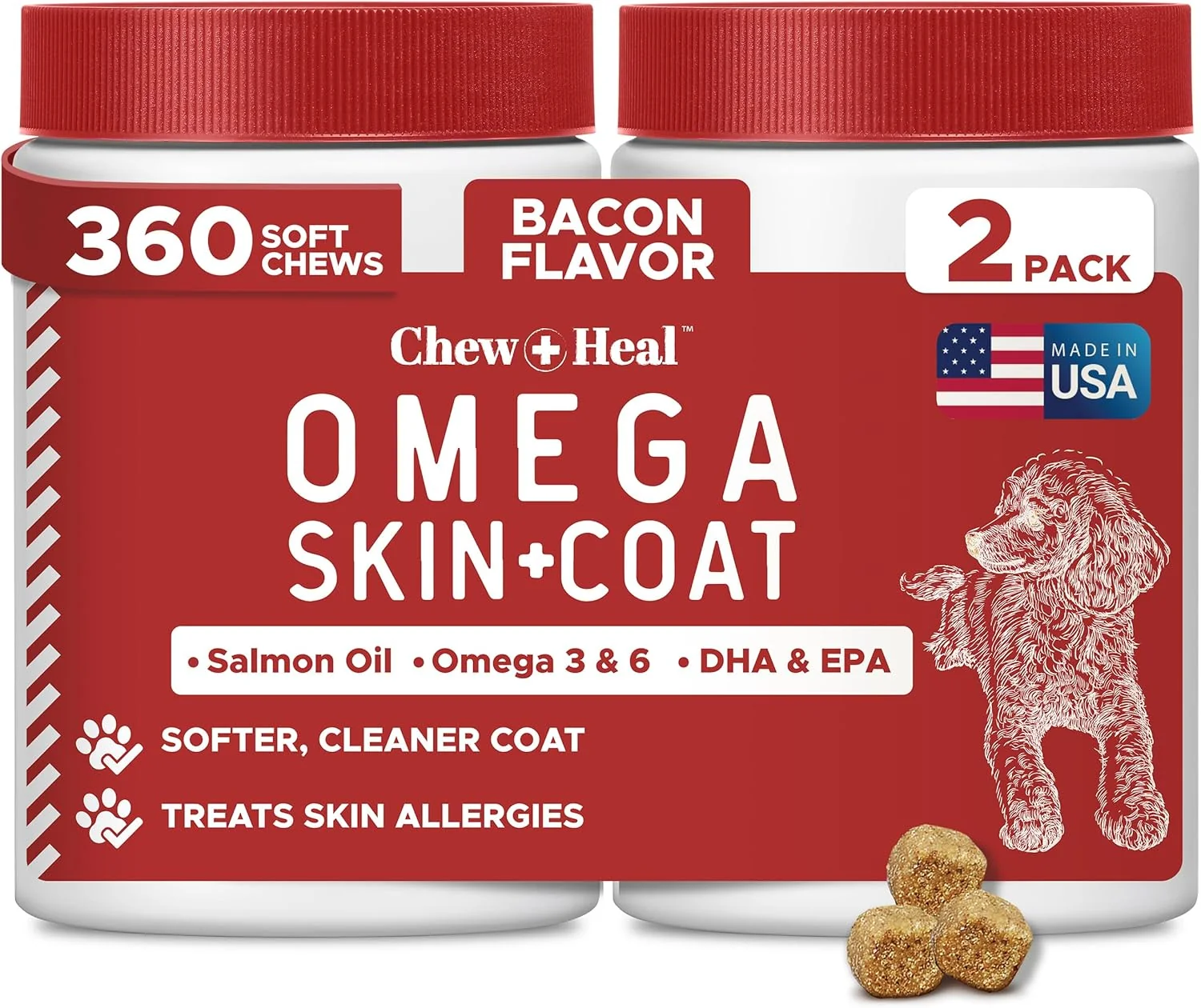 Premium Material Itchy Skin Relief for Dogs -360 Soft Chew Omega Treats for Skin and Coat -Salmon Oil Blend of Fatty Acids Omega 3 6 Vitamins Antioxidants -Made in USA 2 Packs of 180 Bacon Flavor Secure