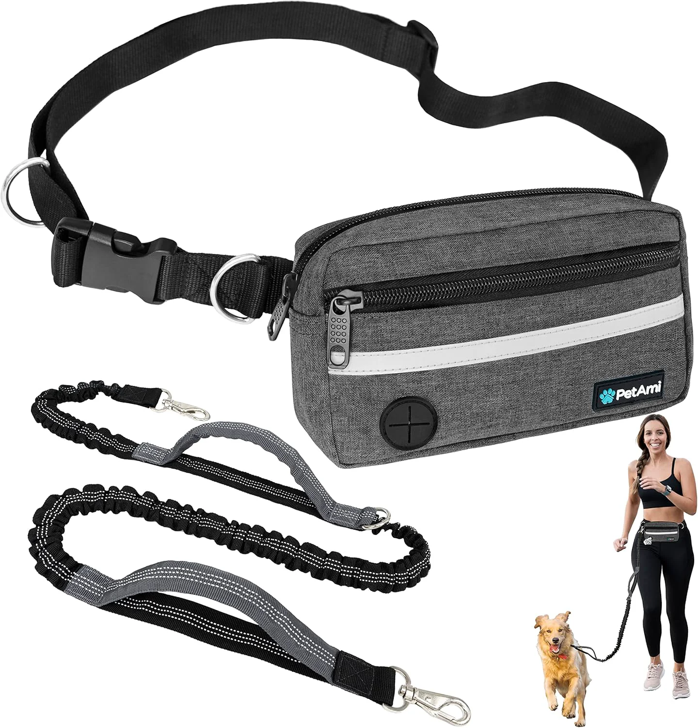 Sophisticated PetAmi Hands Dog Leash Dog Running Leash Belt for Walking Jogging Dog Waist Zipper Pouch with Poop Bag Dispenser Dual Padded Handles Reflective Durable Bungee Leash Single Charcoal Grey High-Grade