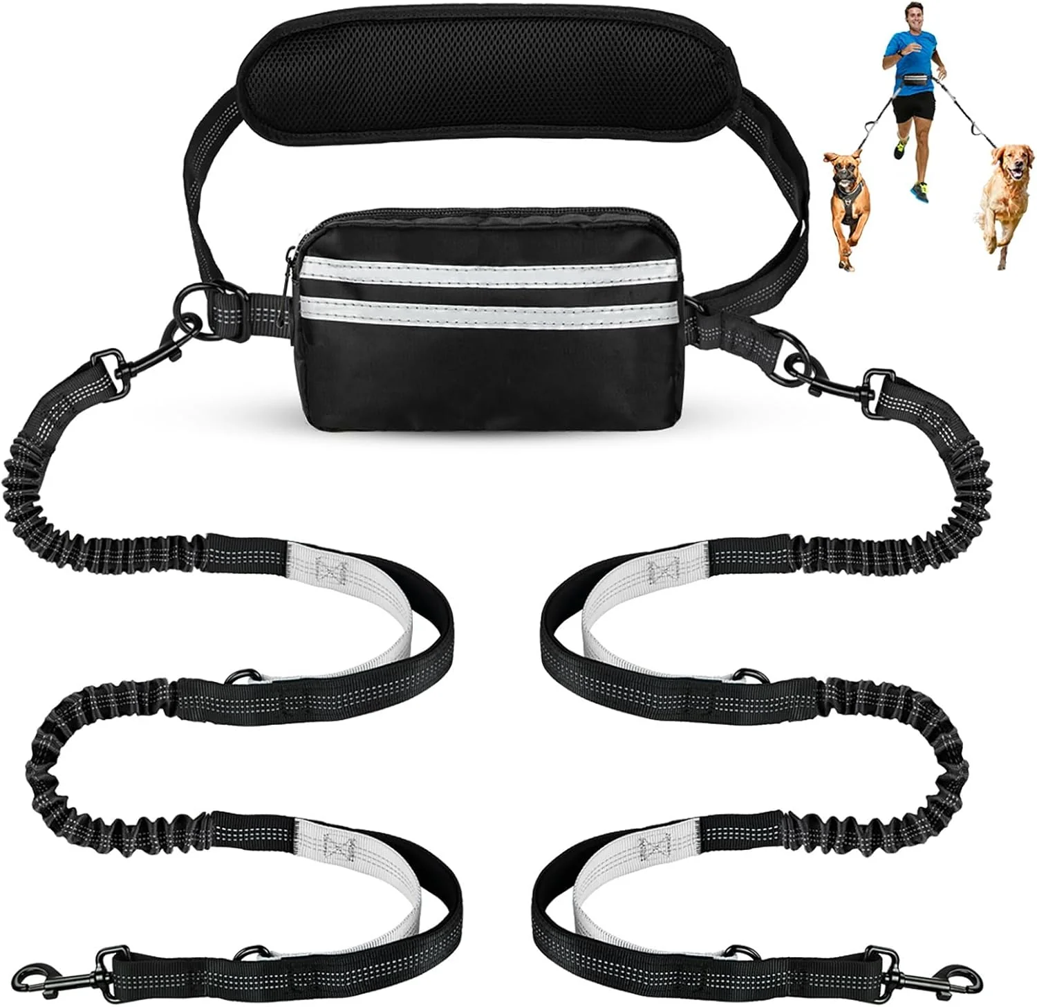 Green Hands Dog Leash with Pouch Double Leash for Two Dogs Retractable Bungee with Double Padded Handles Dog Waist Leash for Dog Walking Dog Walking Accessories Black Grey Smart