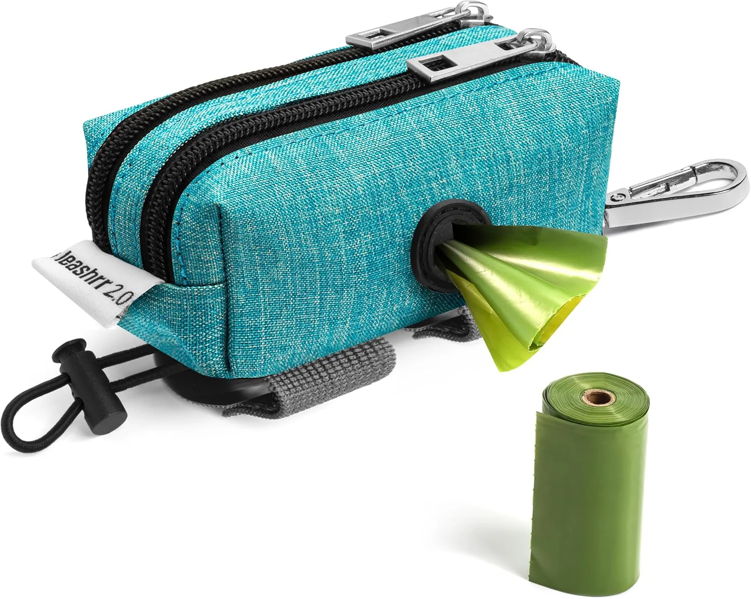 Solid Dog Poop Bag Holder for Leashes - Dog Poop Bag Dispenser and Treat Holder with 2 Waterproof Pouches for Pet Waste Bags and Walking Accessories 1 Roll - Leashrr 2.0 Teal Clean