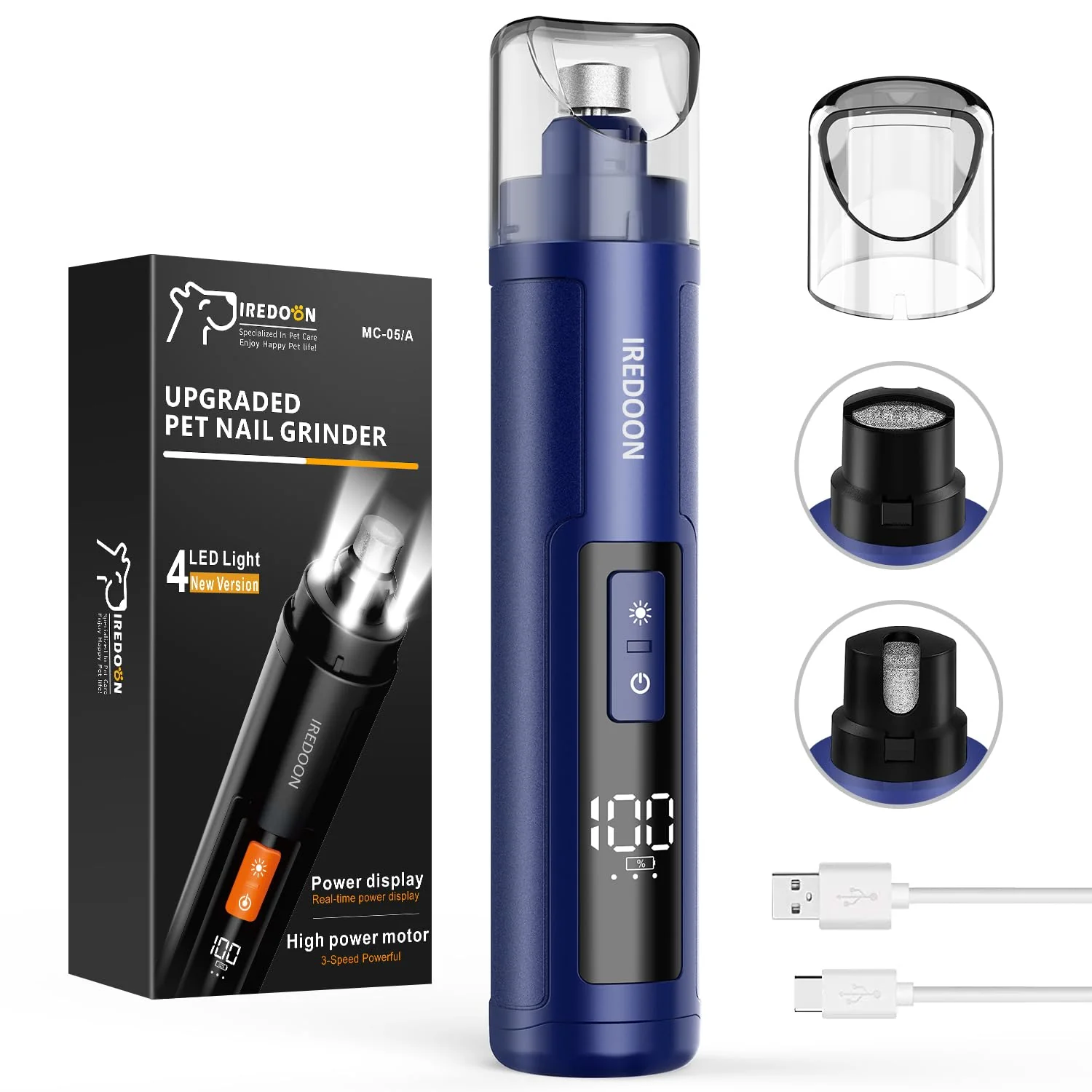 Excellent IREDOON Dog Nail Grinder Upgraded Blue – 3-Speed Ultra Quiet 4 LED Lights Unique