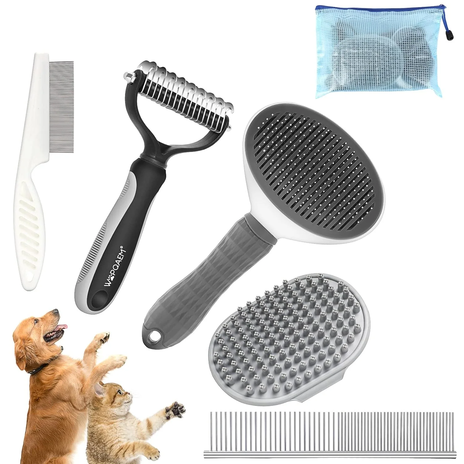 Pure 5 in 1 Dog Grooming Kit - Self-Cleaning Slicker Brush for Shedding Short Long Haired Dogs Cats Includes Pet Comb Flea Comb Bath Brush Undercoat Rake - Complete Fur Care Set - Gray Safe