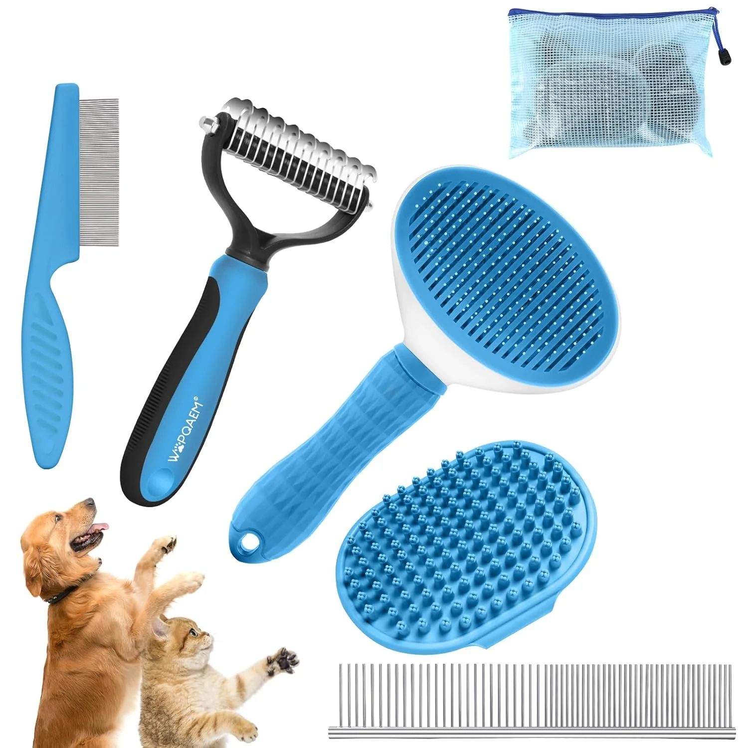 Genuine 5 in 1 Dog Grooming Kit - Self-Cleaning Slicker Brush for Shedding Short Long Haired Dogs Cats Includes Pet Comb Flea Comb Bath Brush Undercoat Rake - Complete Fur Care Set - Blue Flexible