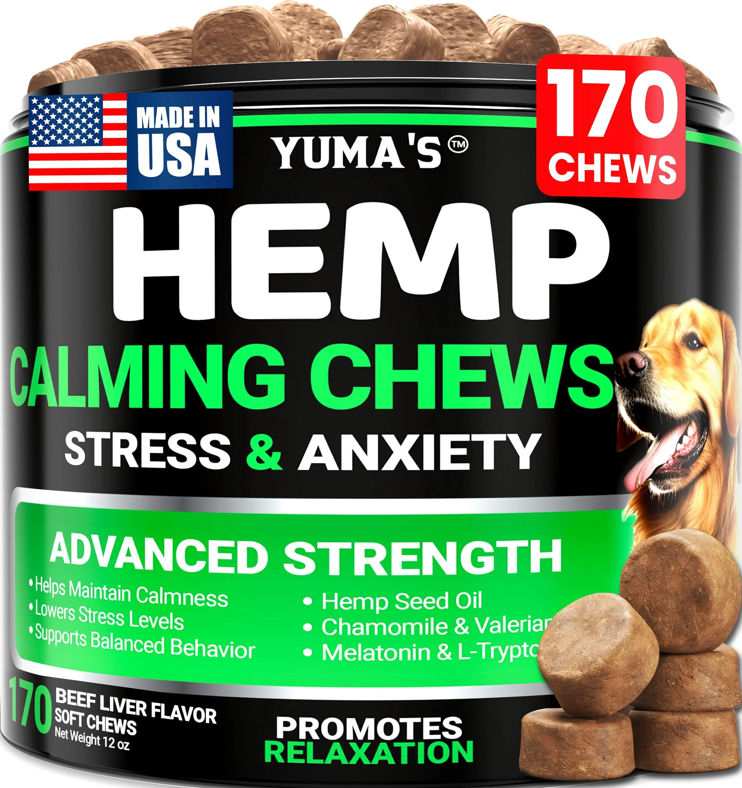 Certified YUMA'S Hemp Calming Chews for Dogs – Beef Flavor Advanced Anxiety Relief Vet-Formulated USA Made Superior