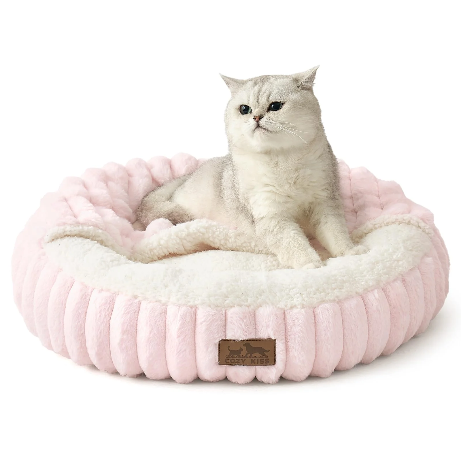 Safe COZY KISS Cat Bed with Hooded Blanket – Round Fluffy Donut Bed Pink Advanced