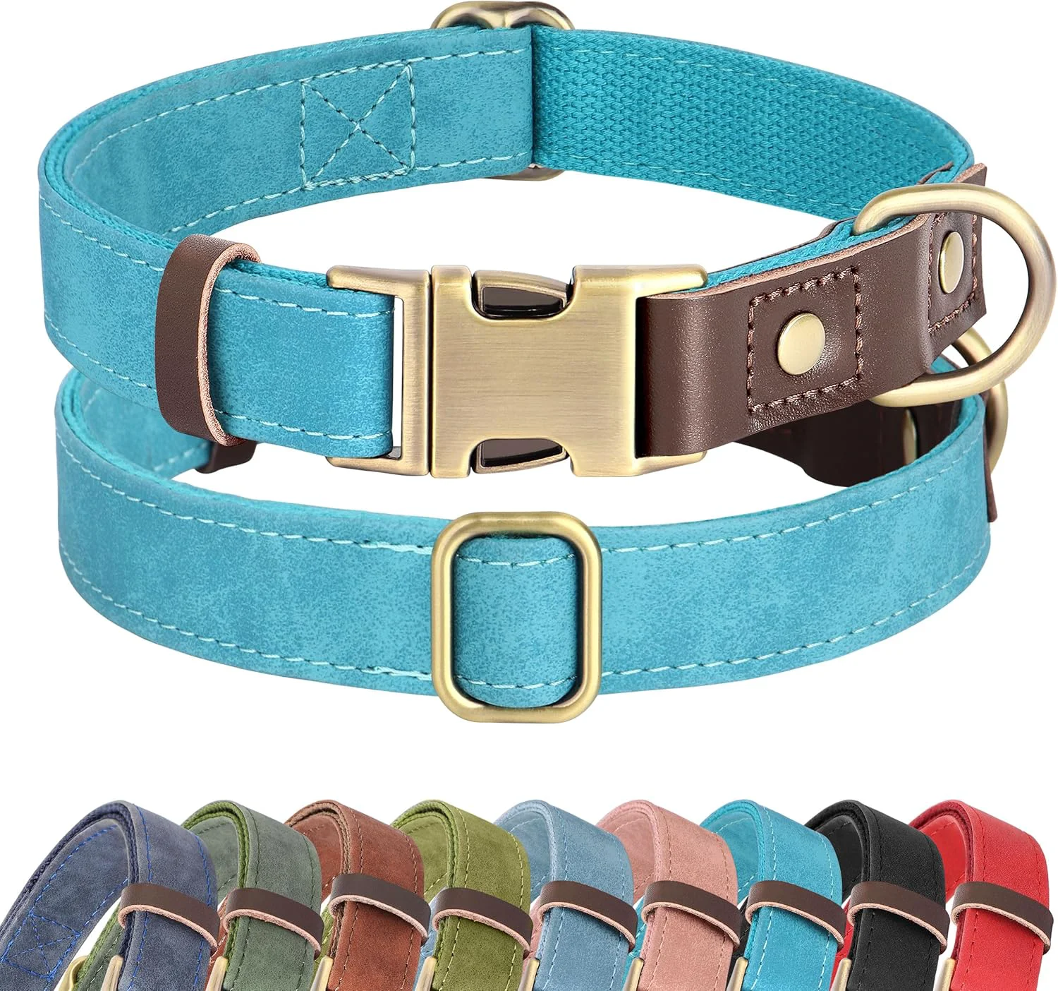 Green Didog Soft PU Leather Dog Collar for Large Dogs Classic Adjustable Dog Collars with Quick Release Metal Buckle Easy Clean and Comfortable with Nylon Lining Light Blue L Neck 15-23 Safe
