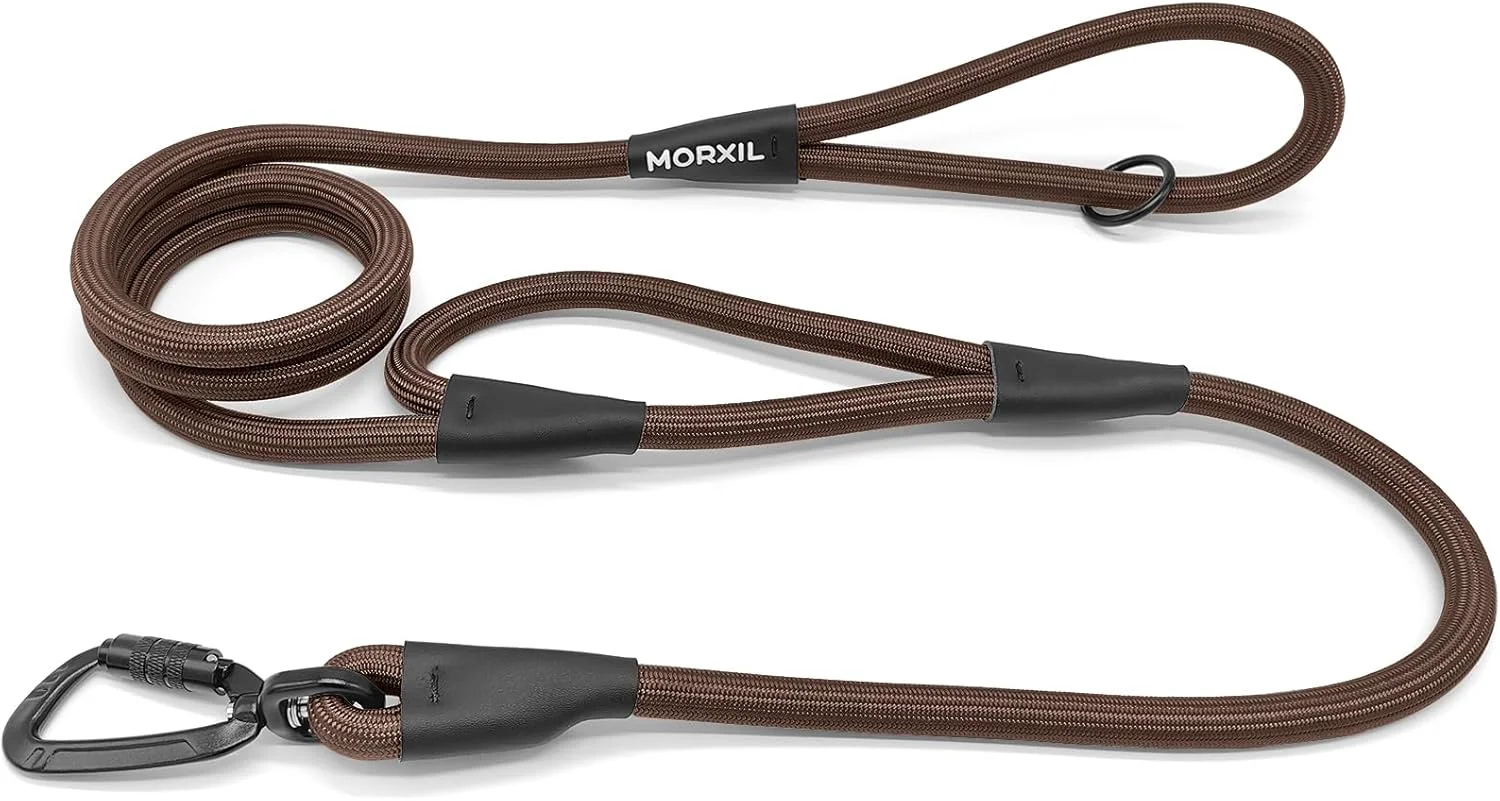Comfortable Rope Dog Leash with Two Handles 6 Foot Heavy Duty Dog Leash with Aviation Aluminum Auto Locking Carabiner Strong Nylon Pet Lead for Small Medium Large Dogs Brown 6FT-Two Handle High-Performance