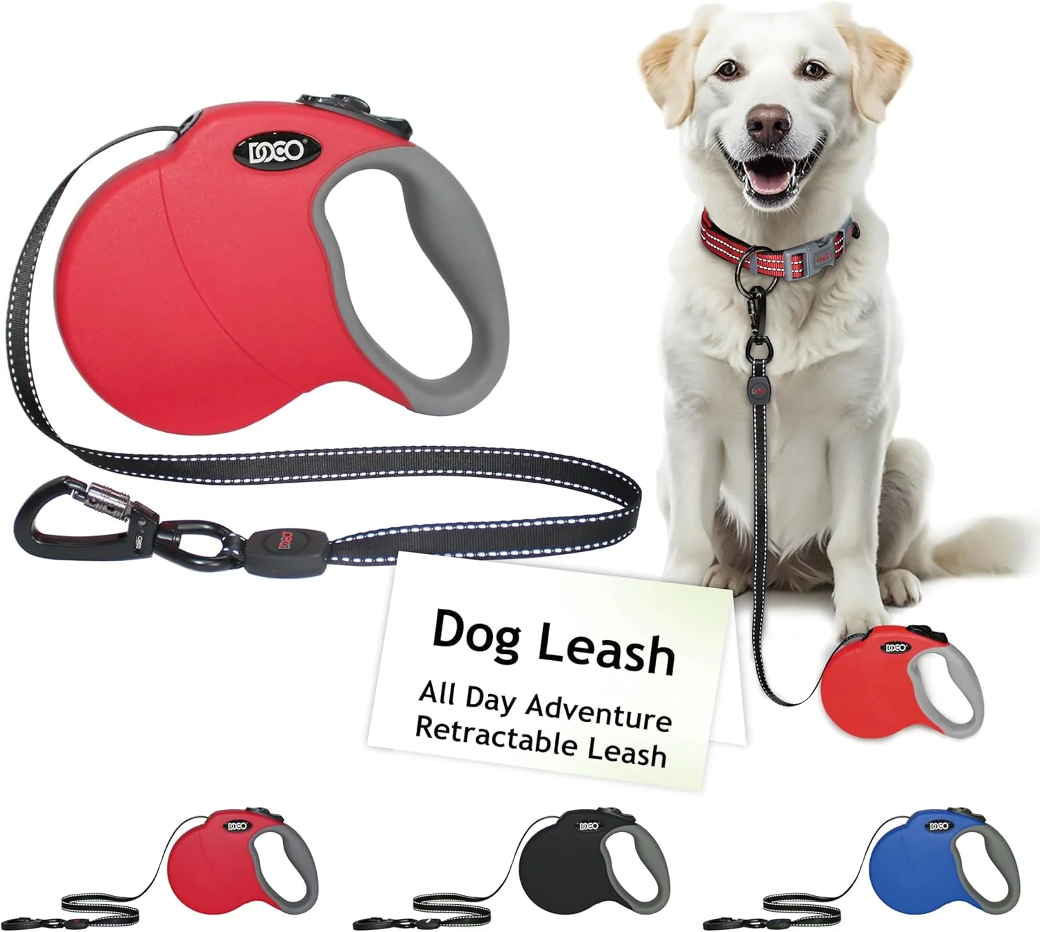 Trendy DOCO Retractable Dog Leash for Large Dogs Length - 16 Weight - Upto 110lb Reflective Tape Lead with Stop and Lock Control Tangle 360° Swivel Snap Anti-Slip Grip Red Large Artisan