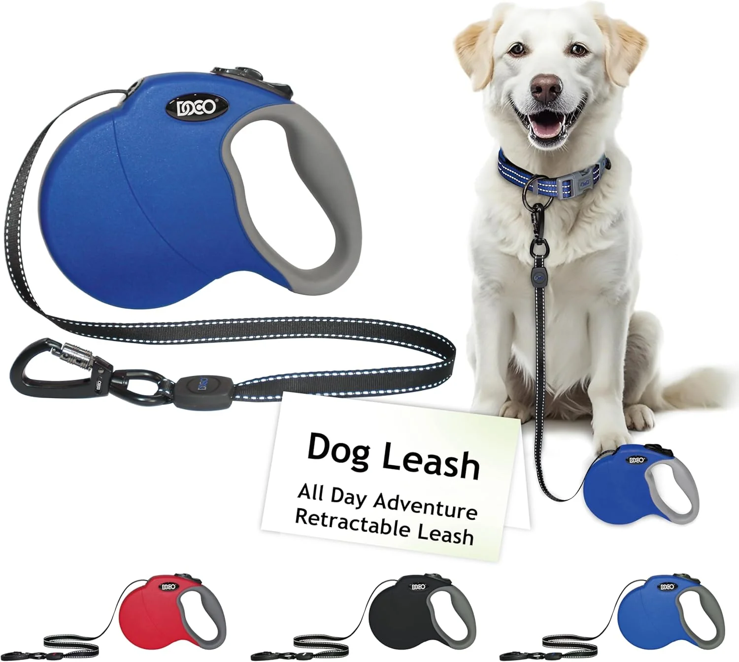 Natural DOCO Retractable Dog Leash for Large Dogs Length - 16 Weight - Upto 110lb Reflective Tape Lead with Stop and Lock Control Tangle 360° Swivel Snap Anti-Slip Grip Blue Large Clean
