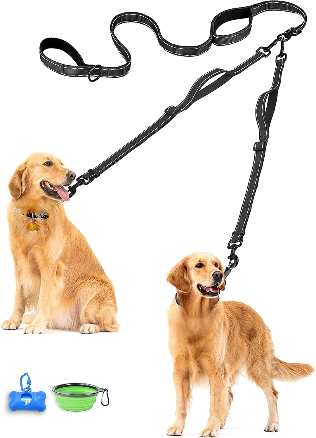 Fine PetBonus Double Dog Leash No Tangle Dual Leash Reflective Walking Training Lead 4 Comfortable Padded Handles for 2 Dogs with Collapsible Bowl and Waste Bags Black Large Modern
