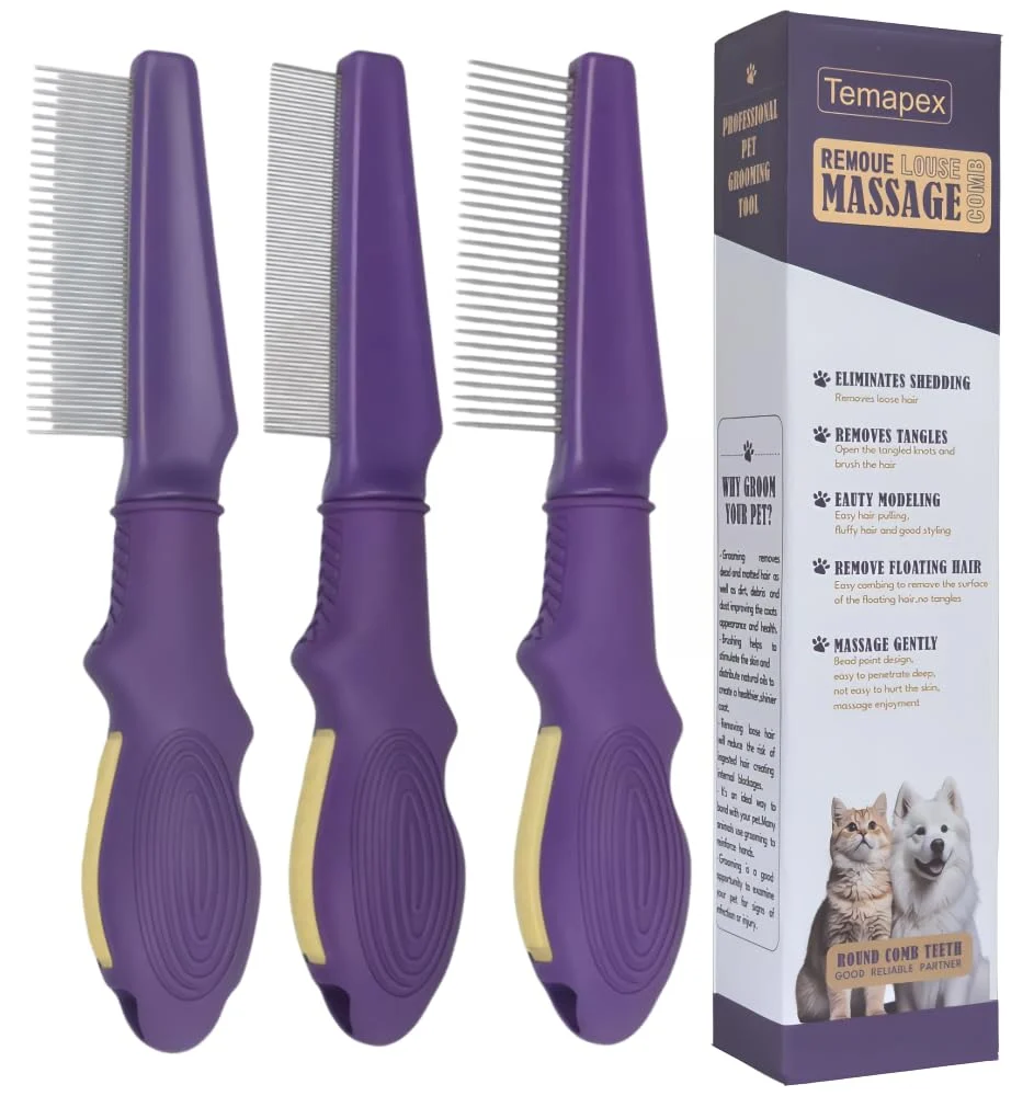 High-Performance Temapex 3PCS Pet Comb for Grooming Long Short Haired Cats Dogs With Stainless Steel Metal Teeth for Removes Tangles Flea Non-Slip Anti-Static Rubber Handle Safe Gentle Trusted