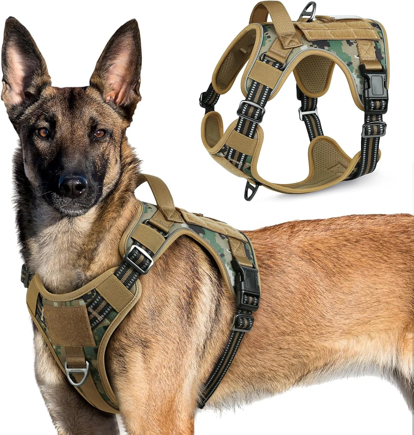 Outstanding rabbitgoo Tactical Dog Harness for Large Dogs No Pull Military Service Vest with Handle Molle Easy Control for Training Walking Adjustable Reflective Straps Brown camo XL Modern
