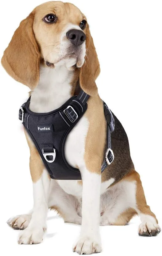 High-End Funfox Dog Harness No Pull Adjustable Pet Vest Harness Super Soft Material with Vertical Handle Easy Control Reflective Night Walking 2 Leash Clips for Medium Sized Dogs Black M Easy-to-Use