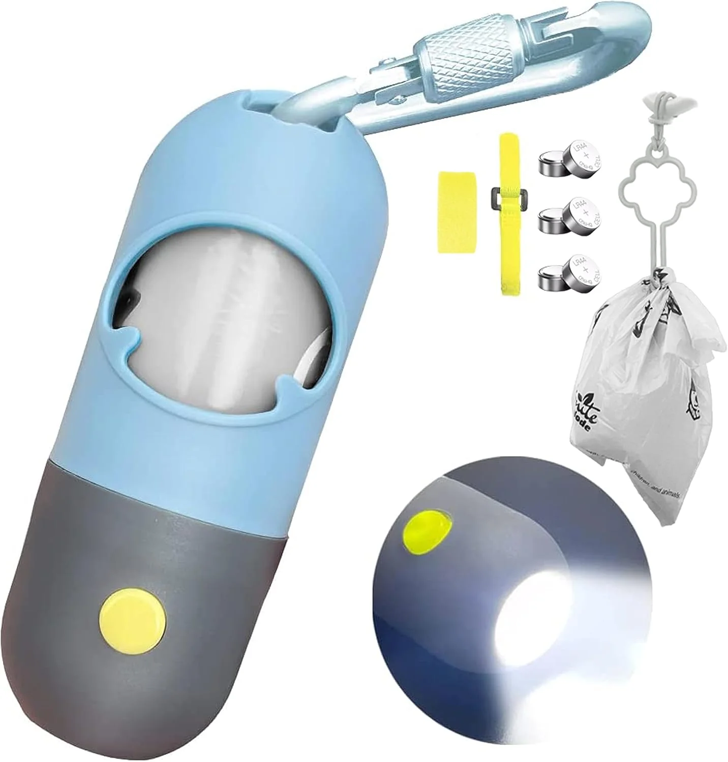 Consistent Dog Poop Bag Dispenser with Built-in LED Flashlight and Metal Clip for Leash Pet Waste Bag Holder Dog Walking Accessory Blue Unique
