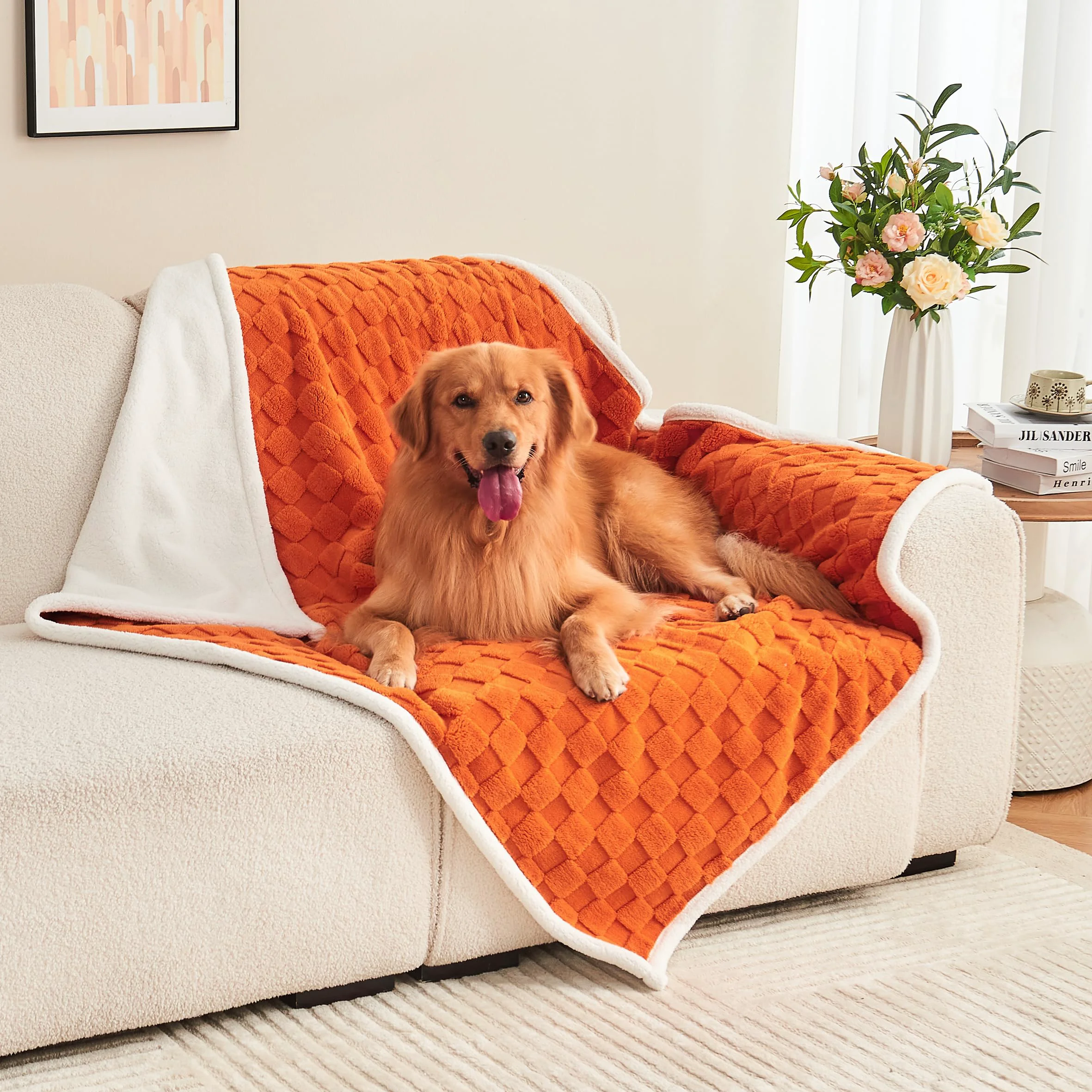 Functional Yaning Checkered Waterproof Blanket for Bed Couch Car — Reversible 3D Jacquard Burnt Orange 50x60 Responsible