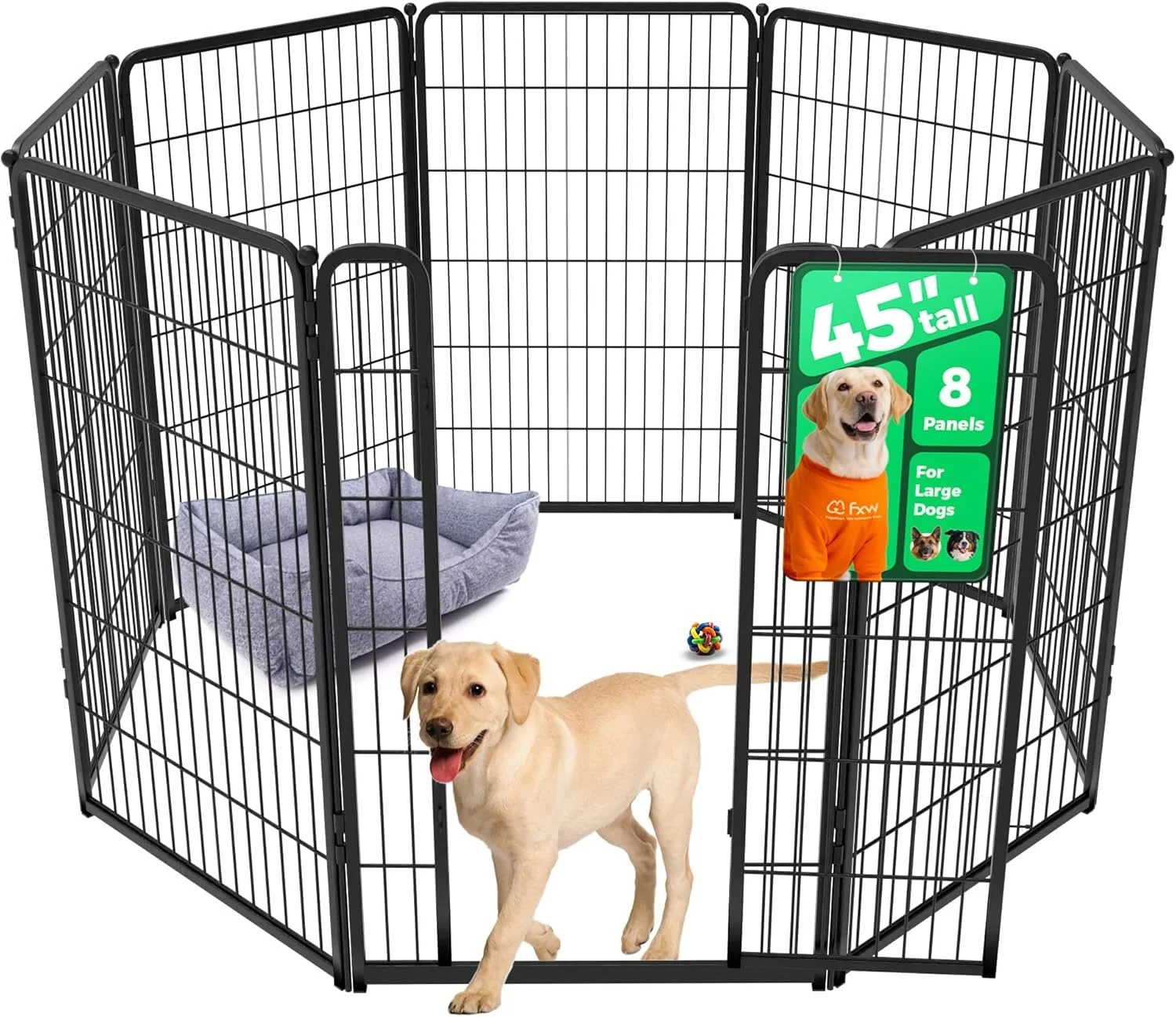 Fine FXW Homeplus Unleashed Indoor Dog Playpen - Stress- and Safe Play Heavy Duty 45 Inch 8 Wire Panels Dog Pen for Large Dogs Black│Patented Solid