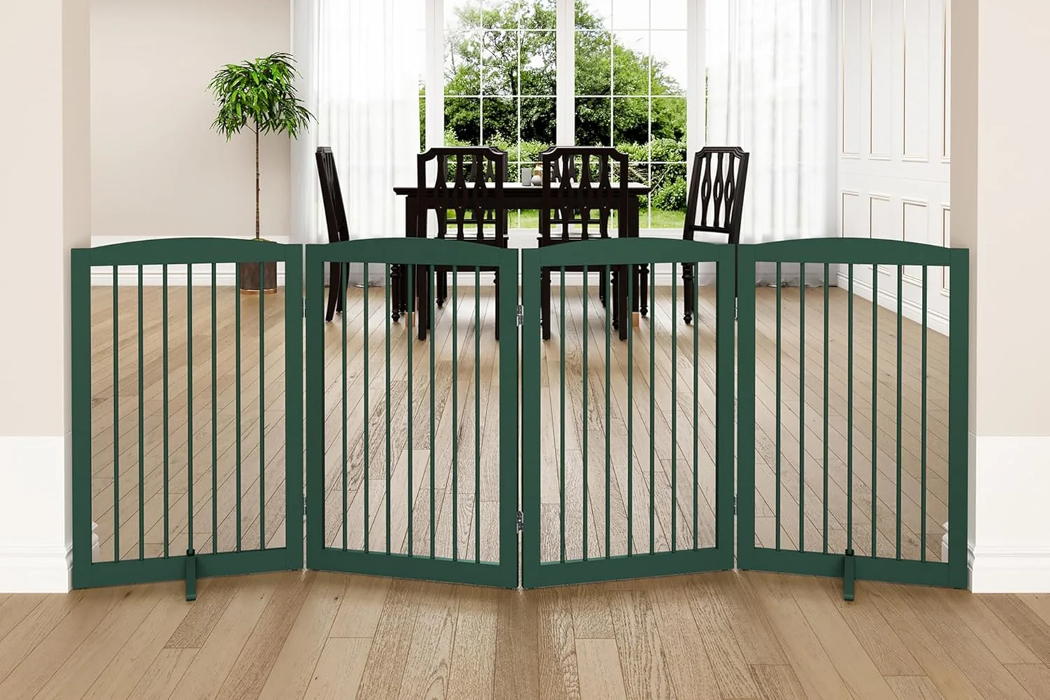 Modern standing Pet Gate for Dogs Indoor Wooden Dog Gate for House Foldable Dog Gate for Doorway Stair Step Over Pet Puppy Safety Fence Tall 80 Inch Wide 4 Panels 32 Green Official