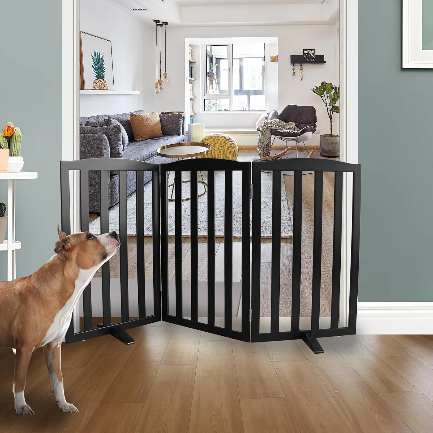 Enhanced ZJSF Foldable standing Indoor Dog Gate for House Wood Long Pet Gates Dog Fence for Stairs Puppy Gates for Hallways Puppy Gate Support Feet Included Black 32 Height-3 Panels Consistent