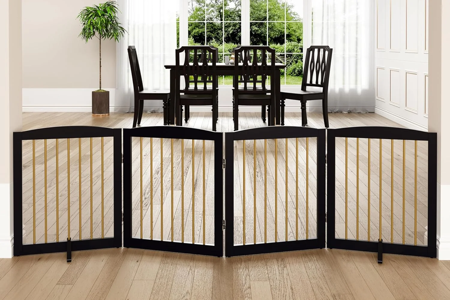 Specialty standing Pet Gate for Dogs Foldable Wooden Dog Gate for House Indoor Dog Gate for Stairs Doorways Step Over Pet Puppy Safety Fence 80 Inch Wide 4 Panels 24 Black Gold Consistent