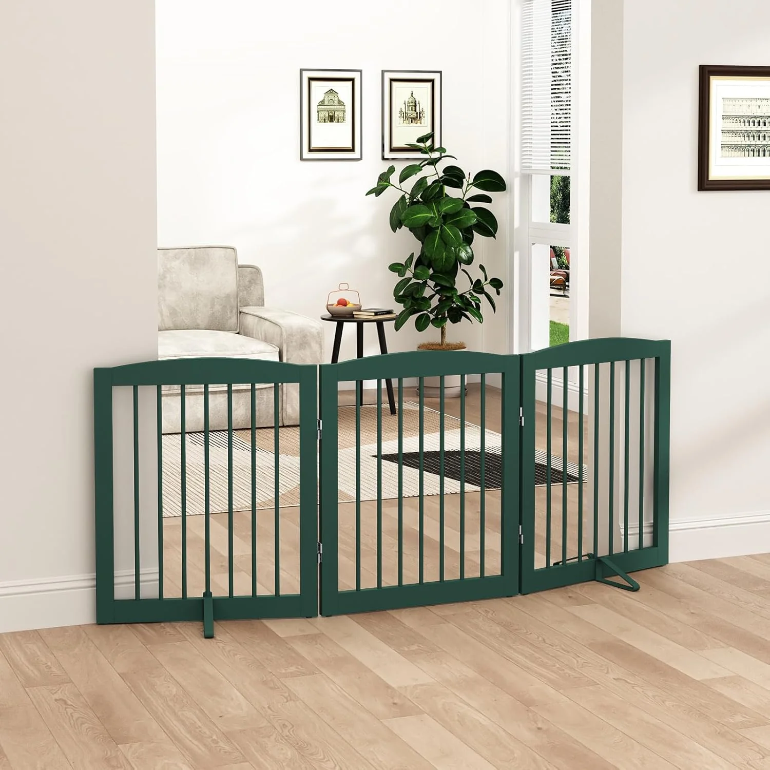 Consistent standing Pet Gate for Dogs Foldable Wooden Dog Gate for House Indoor Dog Gate for Doorways Stairs Step Over Pet Puppy Safety Fence Support Feet Included 24 Height 3 Panels Green Specialty