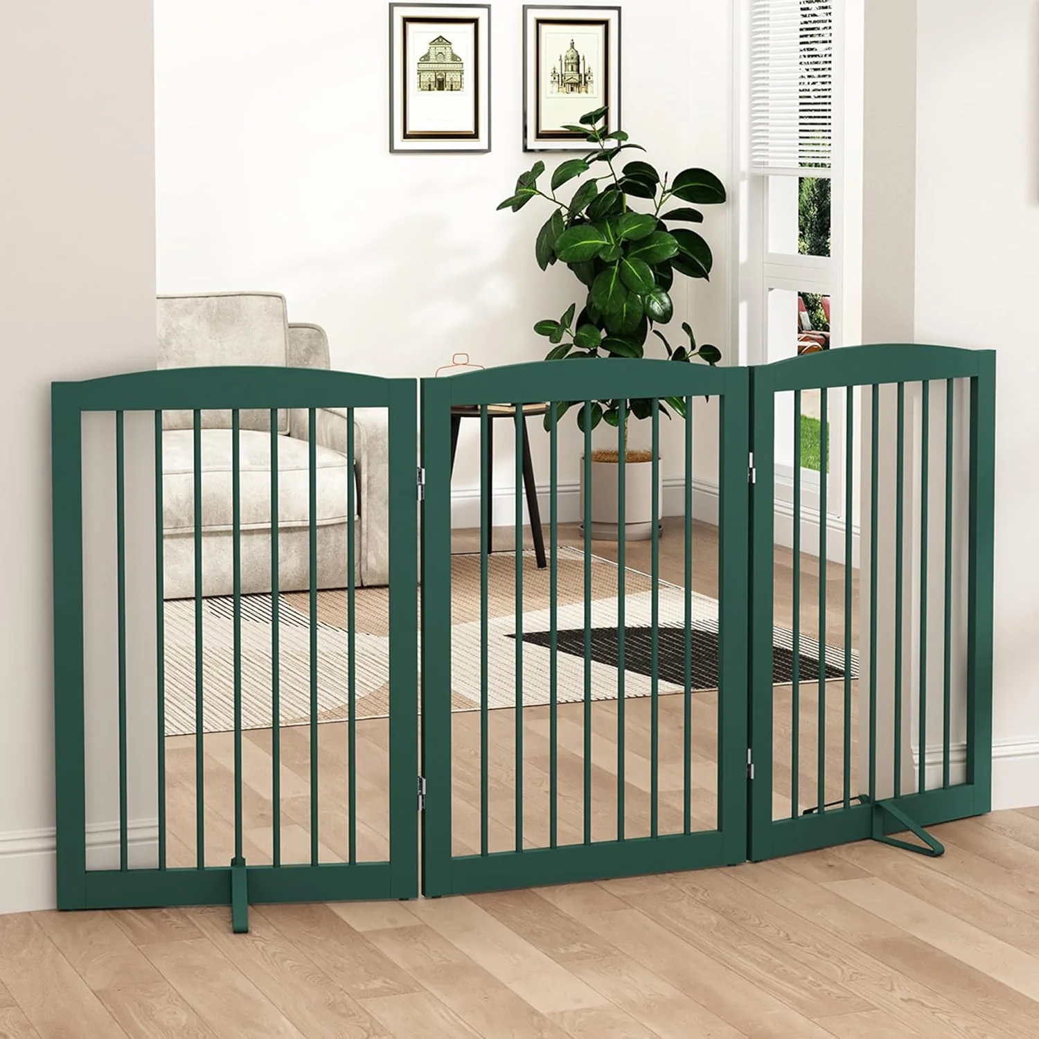 Fast standing Pet Gate for Dogs Foldable Wooden Dog Gate for House Indoor Step Over Pet Puppy Safety Fence for Stair Doorway Hall Support Feet Included 3 Panels 32 Green Long-Lasting