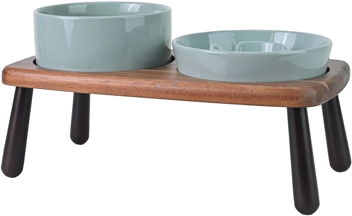 Proven SPUNKYJUNKY Ceramic d Dog Bowls with Slow Feeder Raised with Acacia Bamboo Wooden Stand 6.1'' Dog and Cat Food Water Bowls Set Non-Slip for Small Medium Sized Breed - Light Green Outstanding