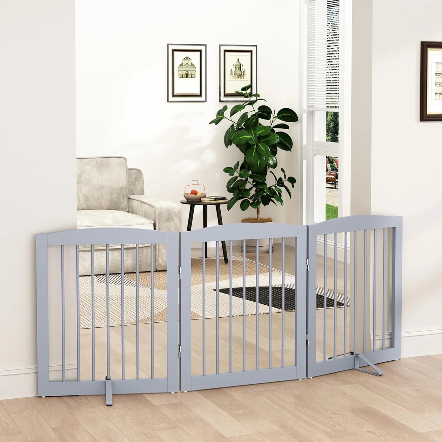 Innovative standing Pet Gate for Dogs Foldable Wooden Dog Gate for House Indoor Dog Gate for Doorways Stairs Gates for Dogs Indoor Support Feet Included 24 Height 3 Panels Grey Enhanced