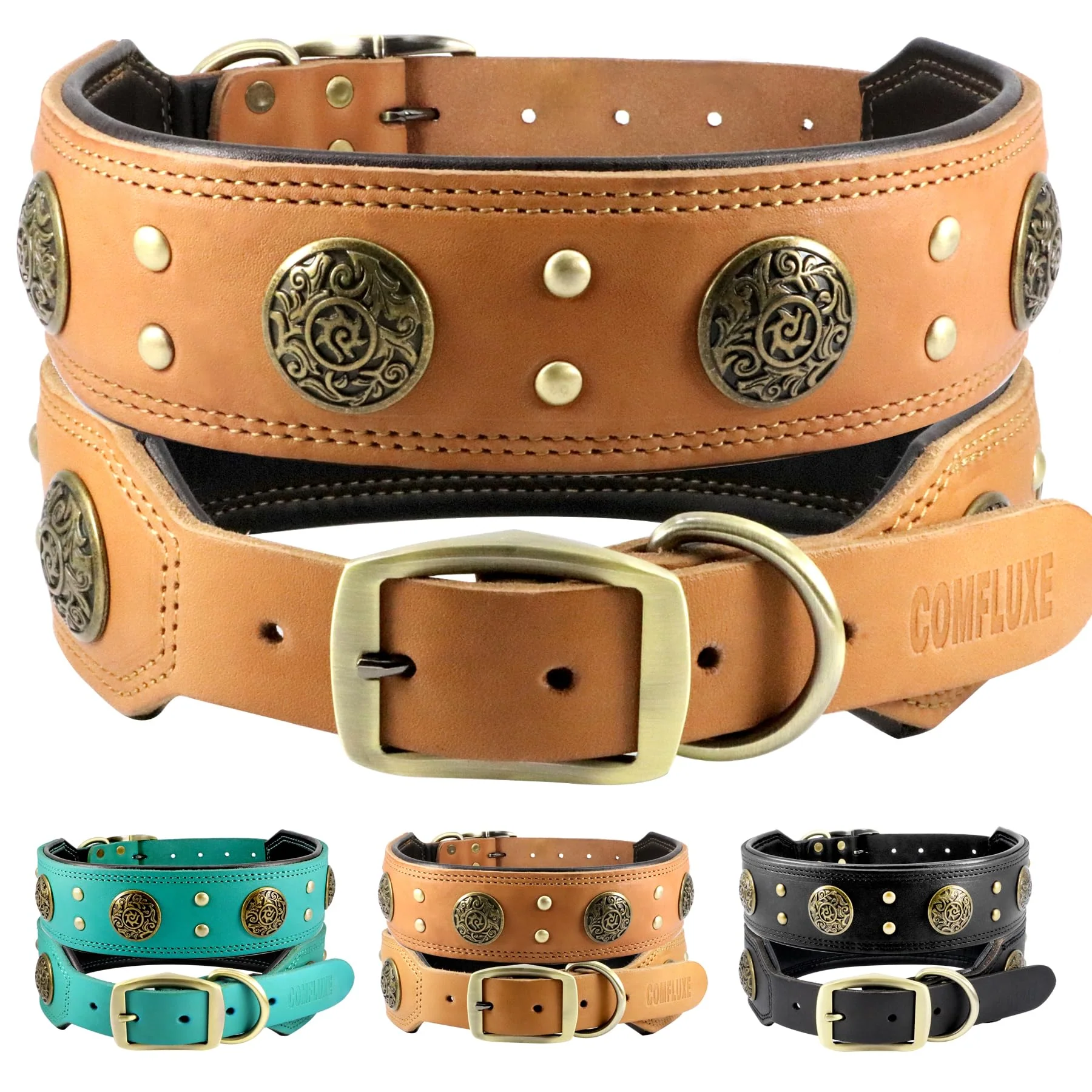 Easy-to-Use Comfluxe Leather Dog Collar for Medium Dogs 2 Wide Padded Spike Design Antique Brass Buckle Orange M Powerful