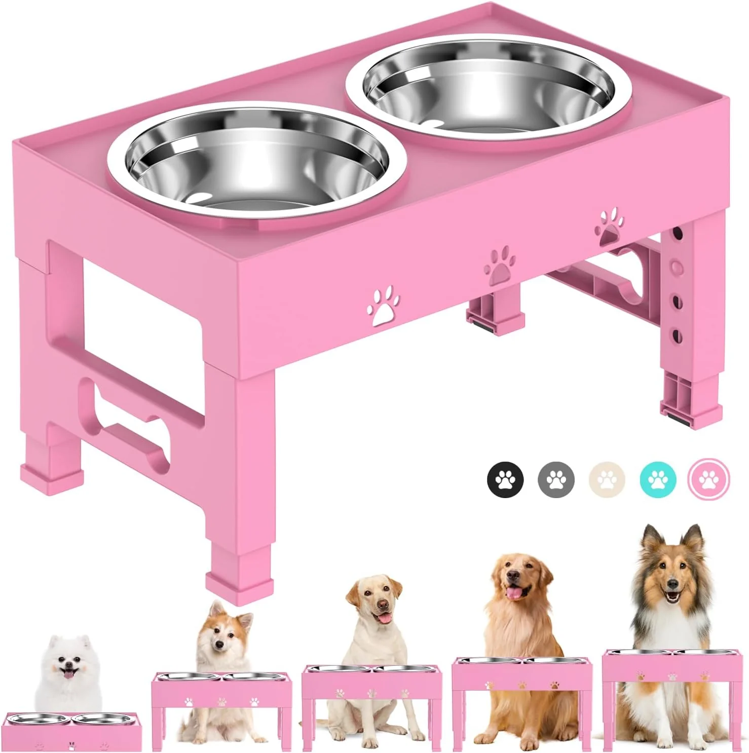 Premium d Dog Bowls with 2 Stainless Steel Bowls Raised Dog Food Bowl Stand 5 Height Adjustable 3.1 9 10 11 12 Non-Slip Feeder Set for Medium and Large Dogs - Pink Sustainable