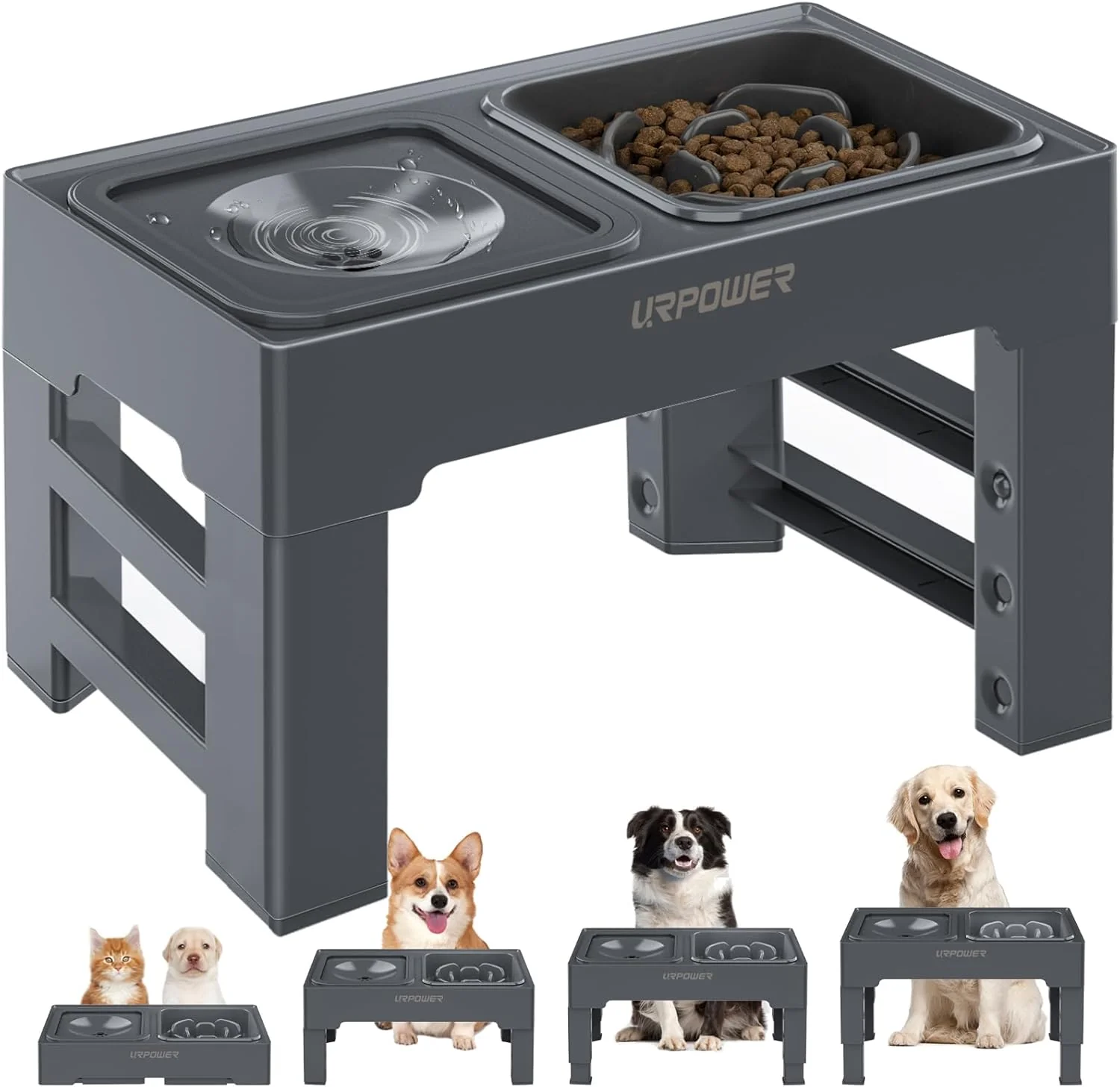 Fast URPOWER 2-in-1 d Slow Feeder with No Spill Dog Water Bowl 4 Height Adjustable Raised Bowl Stand for Small to Large Dogs Cats Pets Clean