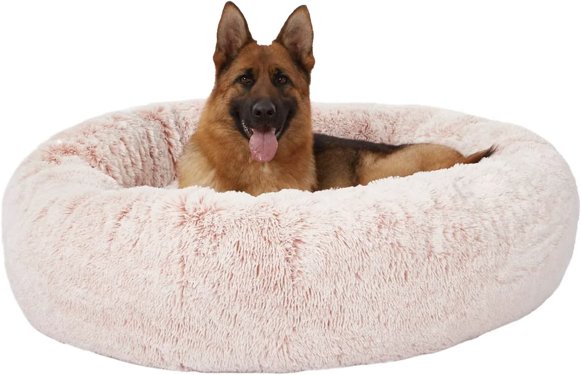 Effective Bedfolks Calming Donut Dog Bed 45-Inch Round Plush Anti-Anxiety Dog Bed Washable with Non-Slip Bottom Pink Extra Large Sustainable