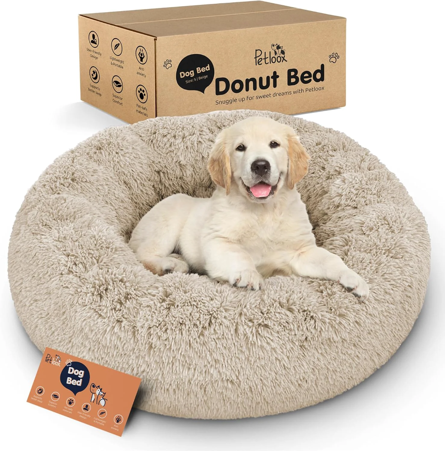 Responsible Donut Dog Bed - Premium Comfort for Anxiety Relief - Fluffy Calming Design with Ultra-Plush Support Cozy Round Dog Bed with Super Soft Circle Style Size S Beige Durable