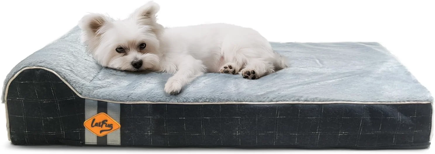 Modern Laifug Orthopedic Memory Foam Dog Bed with Durable Water Proof Liner and Removable Washable Cover Large 34 x22 x5.5 Black Grid Gray Minimalist