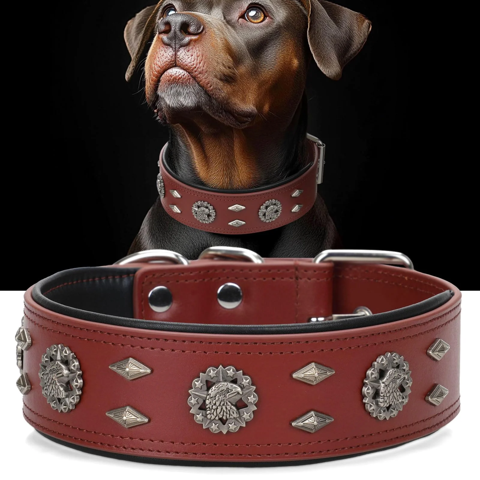 Refined LOIIHEII Premium Leather Dog Collar for Large Dogs – 2-Inch Wide Adjustable Heavy-Duty Brown Certified