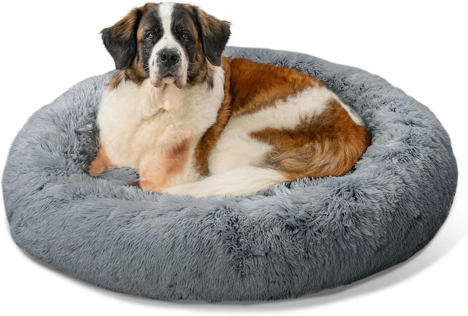 Convenient Friends by Sheri Calming Donut Dog and Cat Bed Shag Faux Fur Gray XL 45in x 45in - Anxiety Relief for Pets Up to 150 lbs Breathable