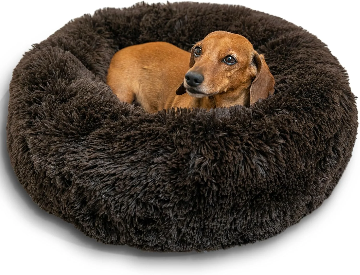 Luxury Friends by Sheri Calming Donut Dog and Cat Bed Shag Faux Fur Dark Brown 23in x 23in - Anxiety Relief for Pets Up to 25 lbs Healthy