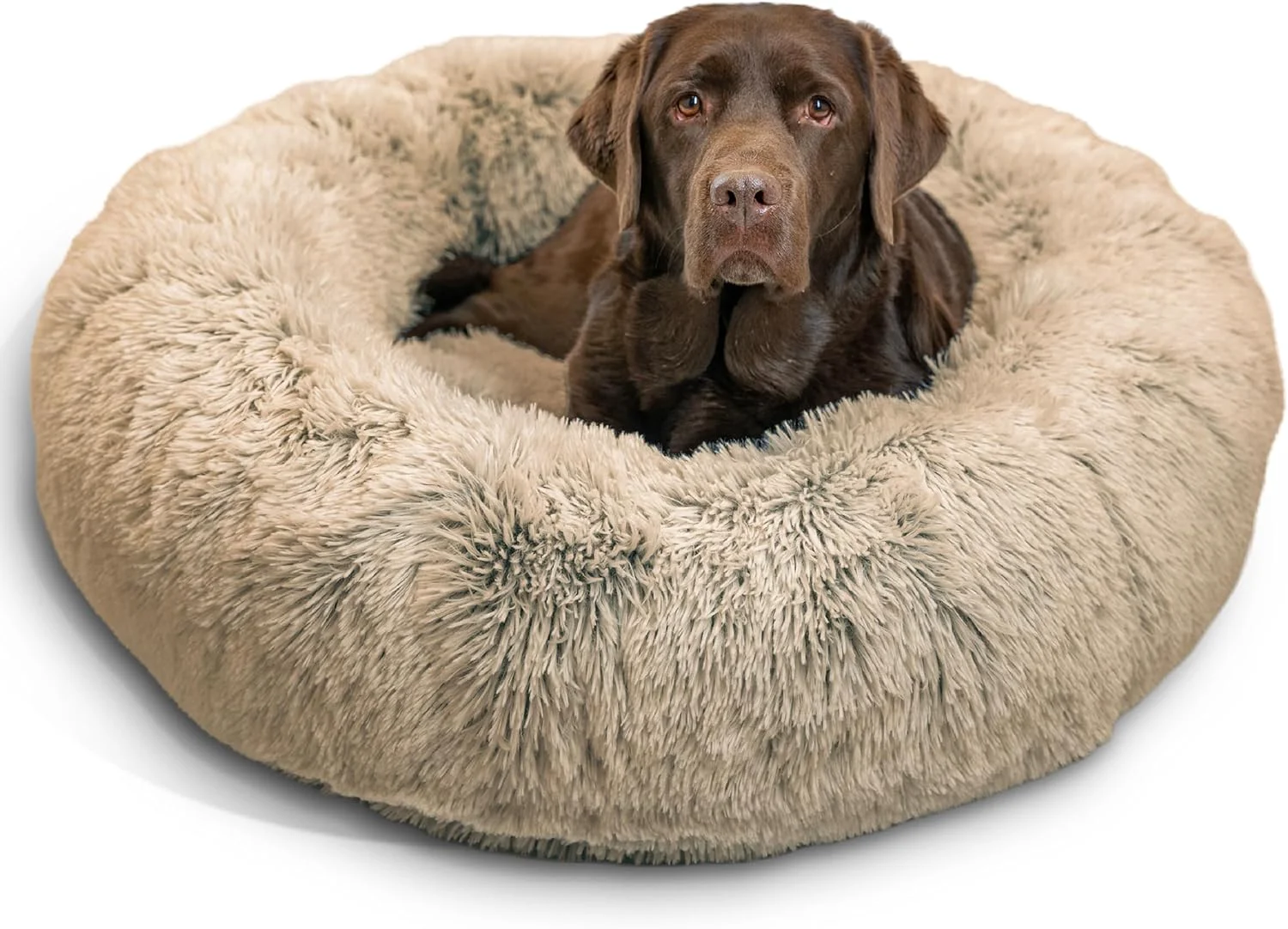 Smart Friends by Sheri Calming Donut Dog and Cat Bed Shag Faux Fur Taupe 36in x 36in - Anxiety Relief for Pets Up to 100 lbs Excellent
