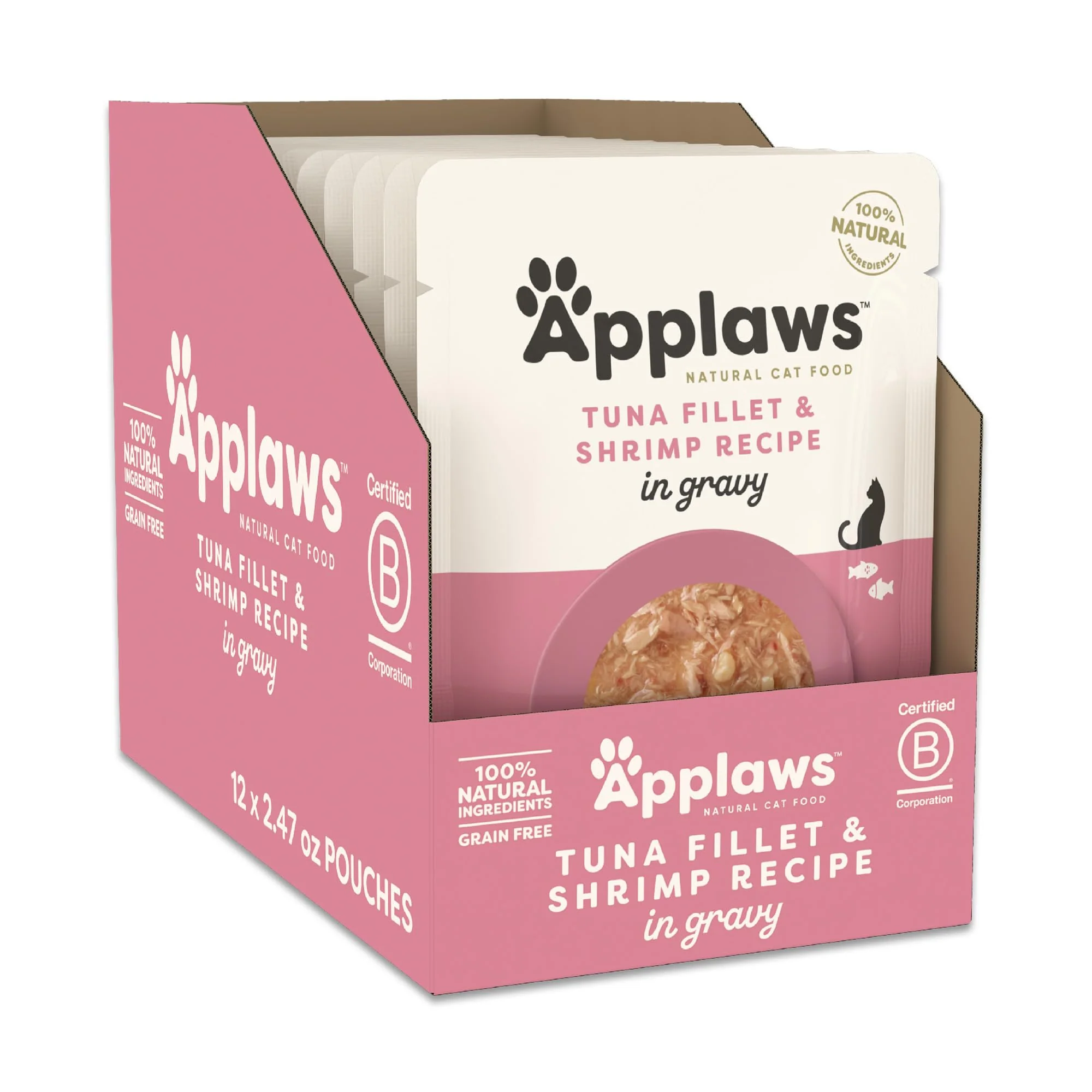 Solid Applaws Natural Wet Cat Food in Gravy – Tuna with Shrimp High Protein Limited Ingredients 12 x 2.47oz Pouches Responsible