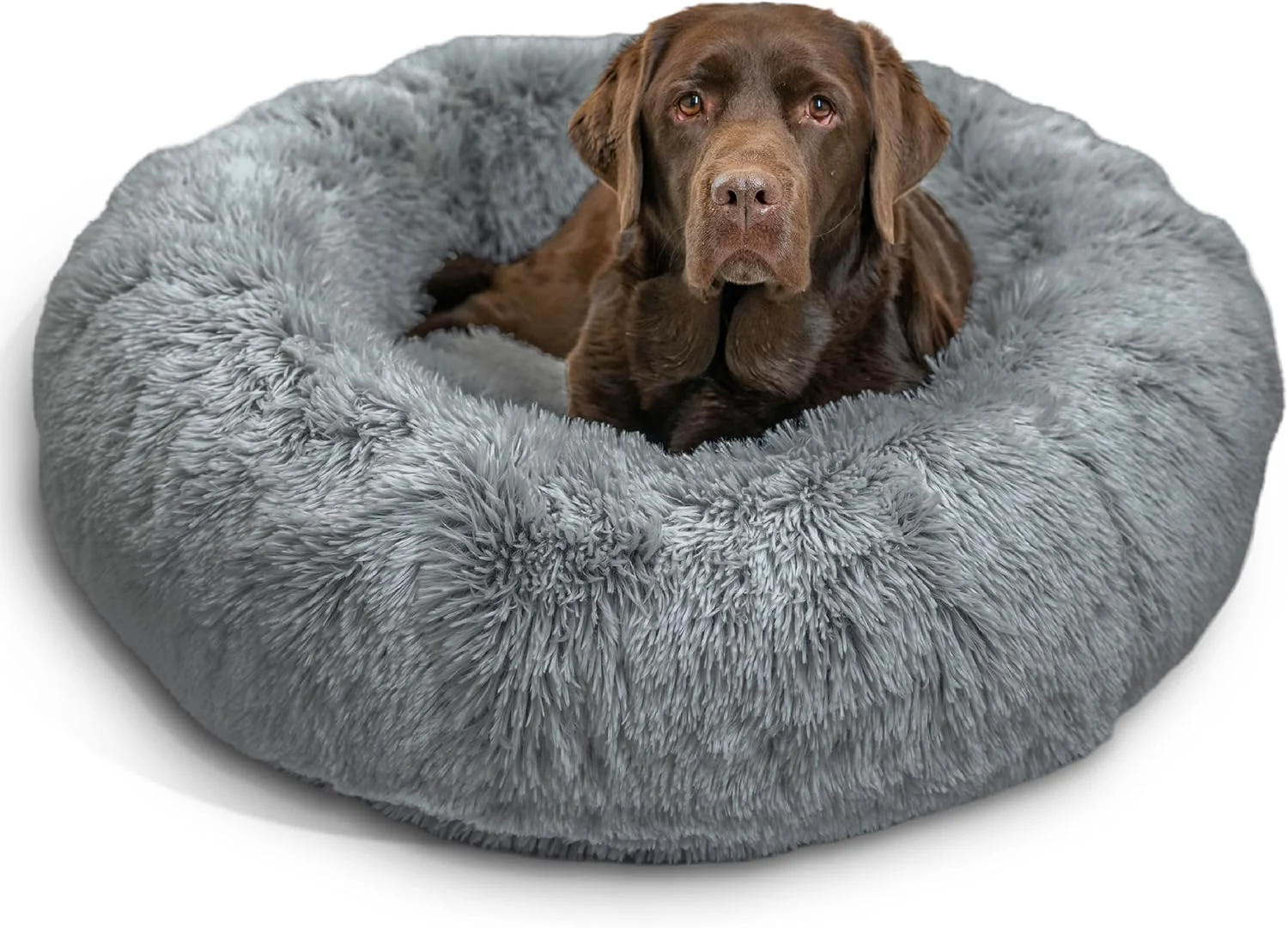Detailed Friends by Sheri Calming Donut Dog and Cat Bed Shag Faux Fur Gray 36in x 36in - Anxiety Relief for Pets Up to 100 lbs Recyclable