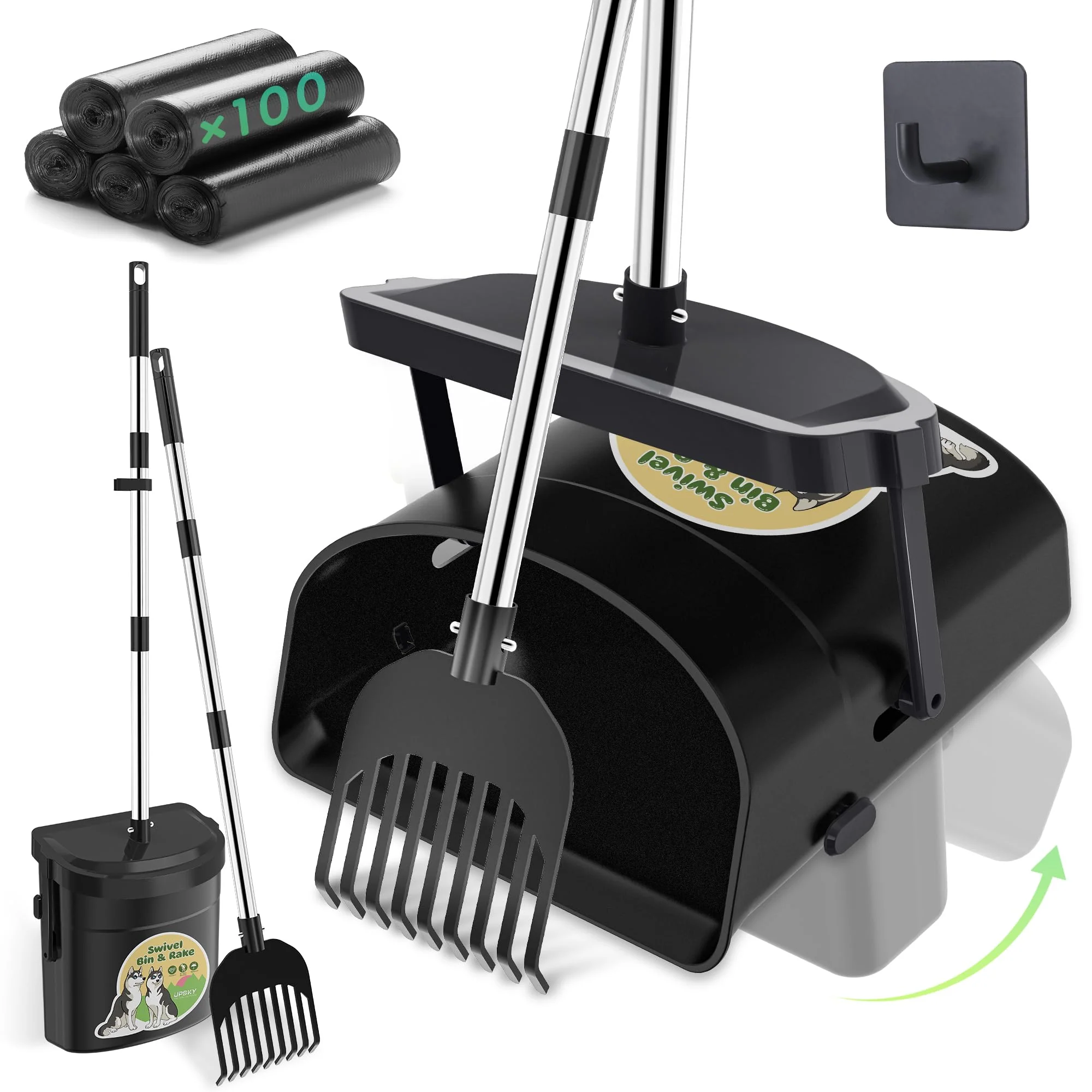 Soft UPSKY Dog Pooper Scooper Swivel Bin Rake Kit – 33.4-inch Stainless Steel Odor-Proof Lid 100 Bags Superior
