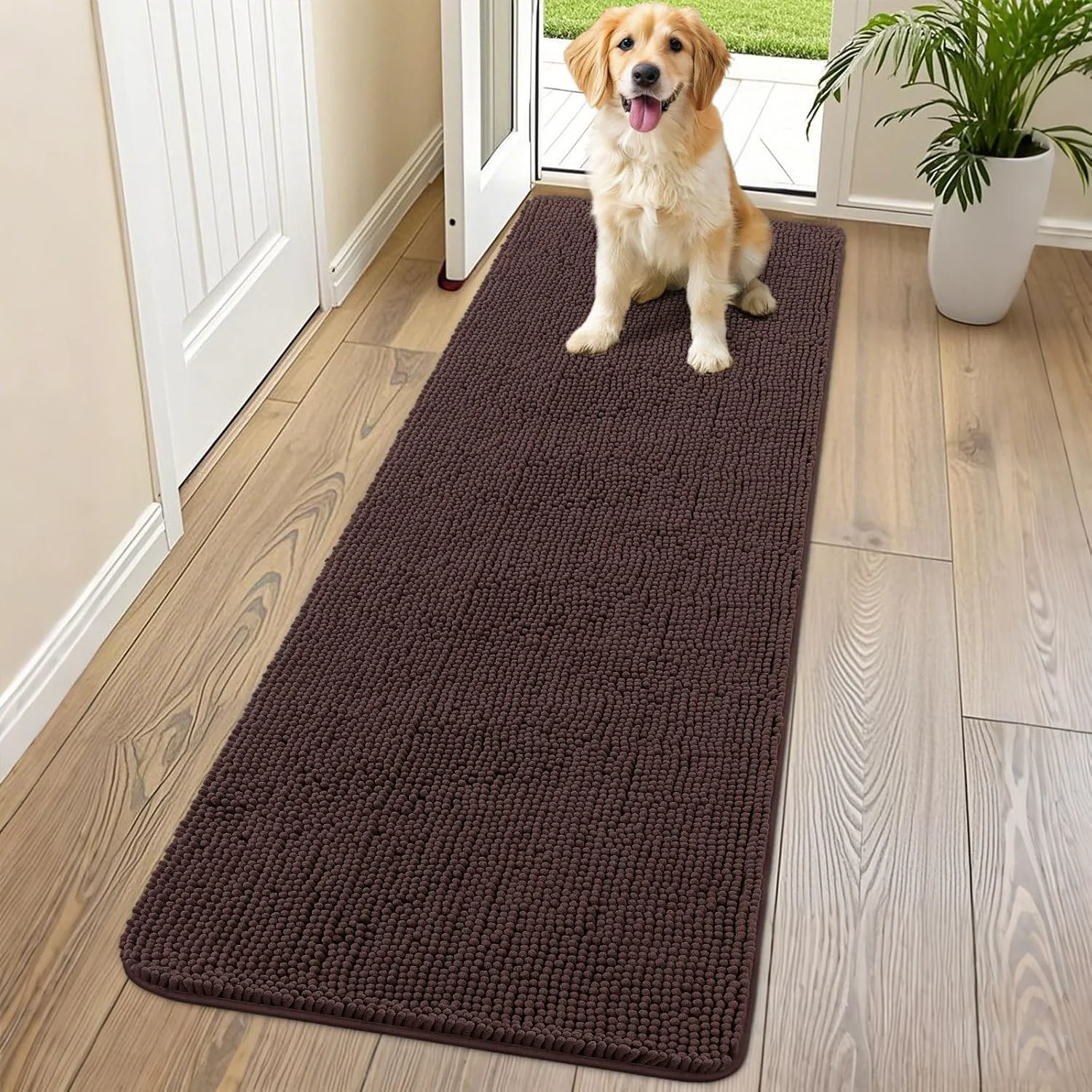 Lightweight Smiry Dog Door Mat for Muddy Paws 70x24 Absorbs Moisture and Dirt Doormat Non-Slip Washable Quick Dry Chenille Front Door Mat Indoor Entrance Entryway Carpet for Inside Floor Brown Top-Quality