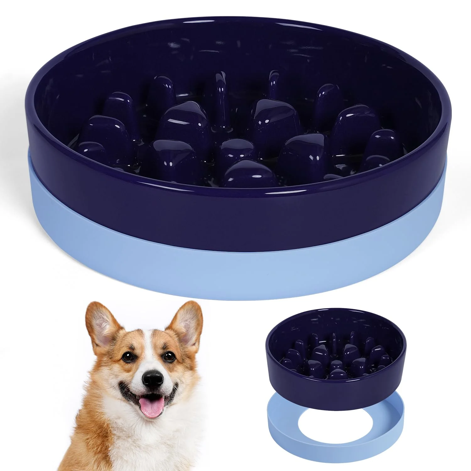 Pure Sted Ceramic Slow Feeding Dog Bowl with Silicone Base – Maze Blue Efficient