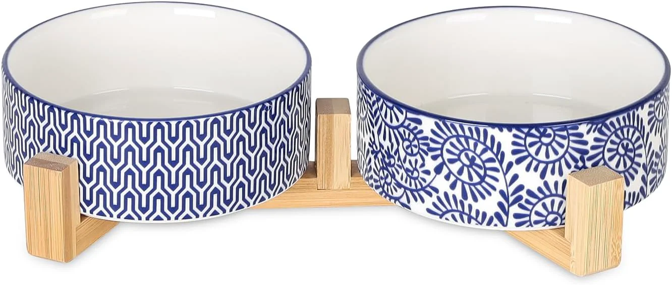 Quality Selamica Ceramic 14 OZ Dog Bowls Dog Food and Water Bowls with Wooden Stand Anti-Slip Dog Dishes Set for Cats Small Dogs Weighted Pet Bowls Set of 2 Vintage Blue B Durable