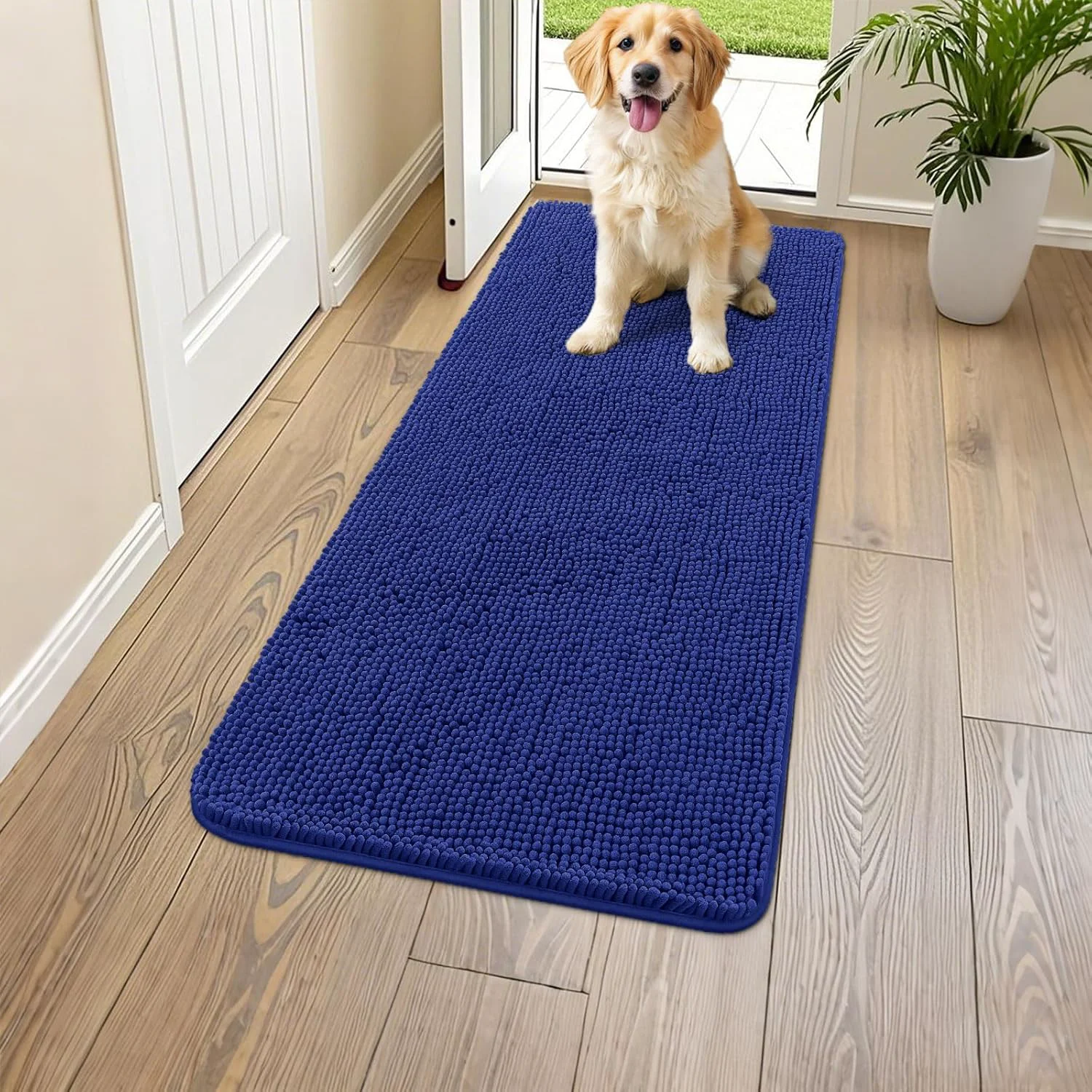 Functional Smiry Dog Door Mat for Muddy Paws 59x24 Absorbs Moisture and Dirt Doormat Non-Slip Washable Quick Dry Chenille Front Door Mat Indoor Entrance Entryway Carpet for Inside Floor Navy Blue Long-Lasting
