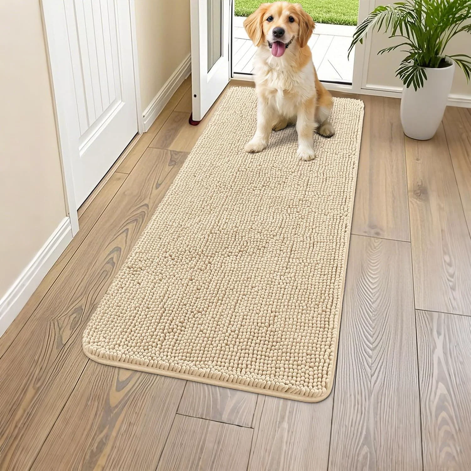 High-End Smiry Dog Door Mat for Muddy Paws 47x24 Absorbs Moisture and Dirt Doormat Non-Slip Washable Quick Dry Chenille Front Door Mat Indoor Entrance Entryway Carpet for Inside Floor Beige Dependable