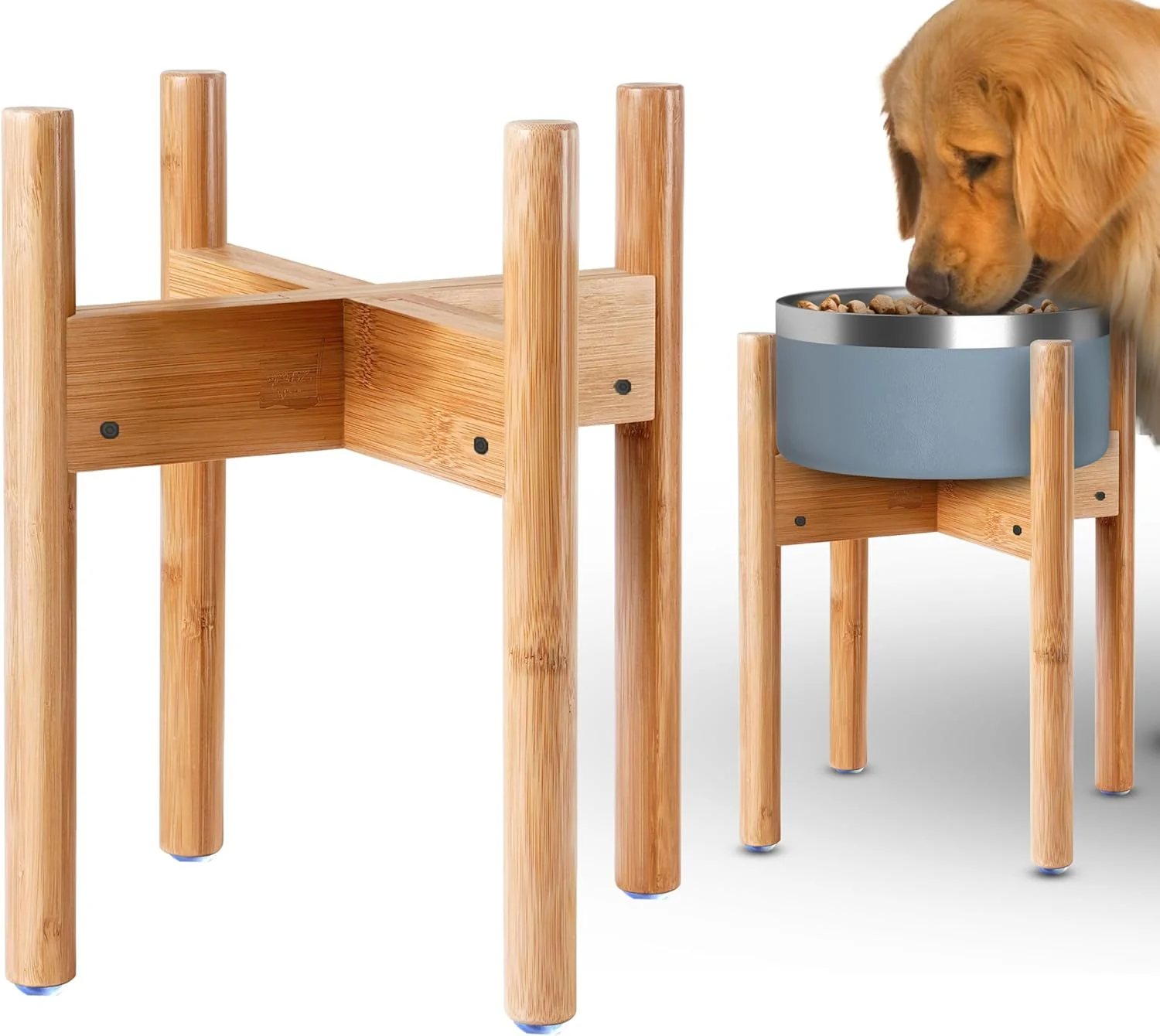 Modern Dog Bowl Stand for Large Breed - 14-inch High Adjustable Sideways to Fit Various Sizes of Pet Food Water Bowls Slow Feeders and Drink Fountains - Bamboo Fashionable