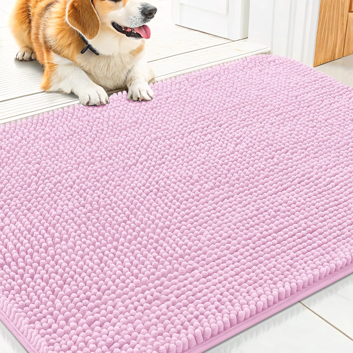 Luxury Smiry Dog Door Mat for Muddy Paws 30x20 Absorbs Moisture and Dirt Doormat Non-Slip Washable Quick Dry Chenille Front Door Mat Indoor Entrance Entryway Carpet for Inside Floor Pink Trendy